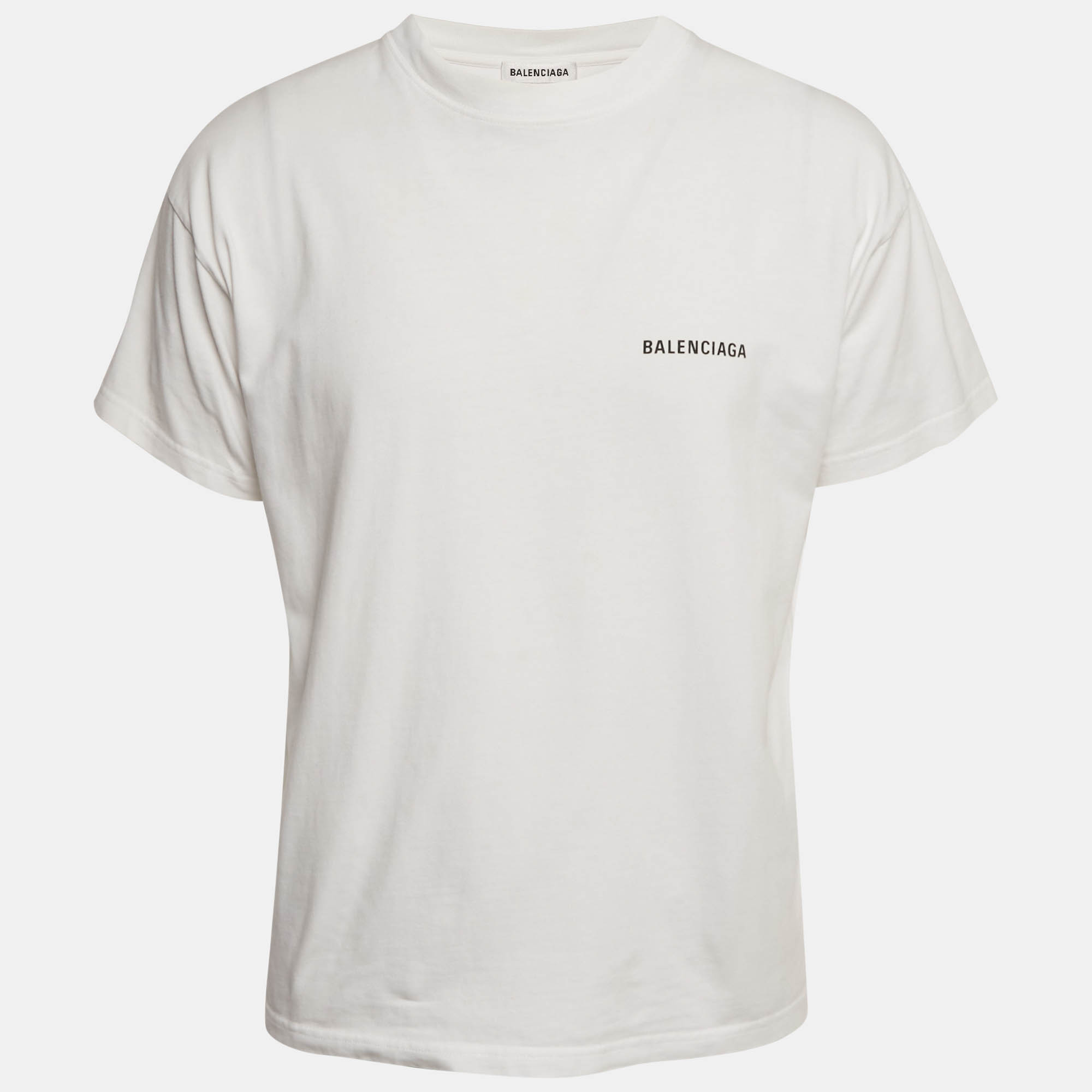 مملوكة مسبقًا Balenciaga White Logo Embroidered Cotton T-Shirt S 