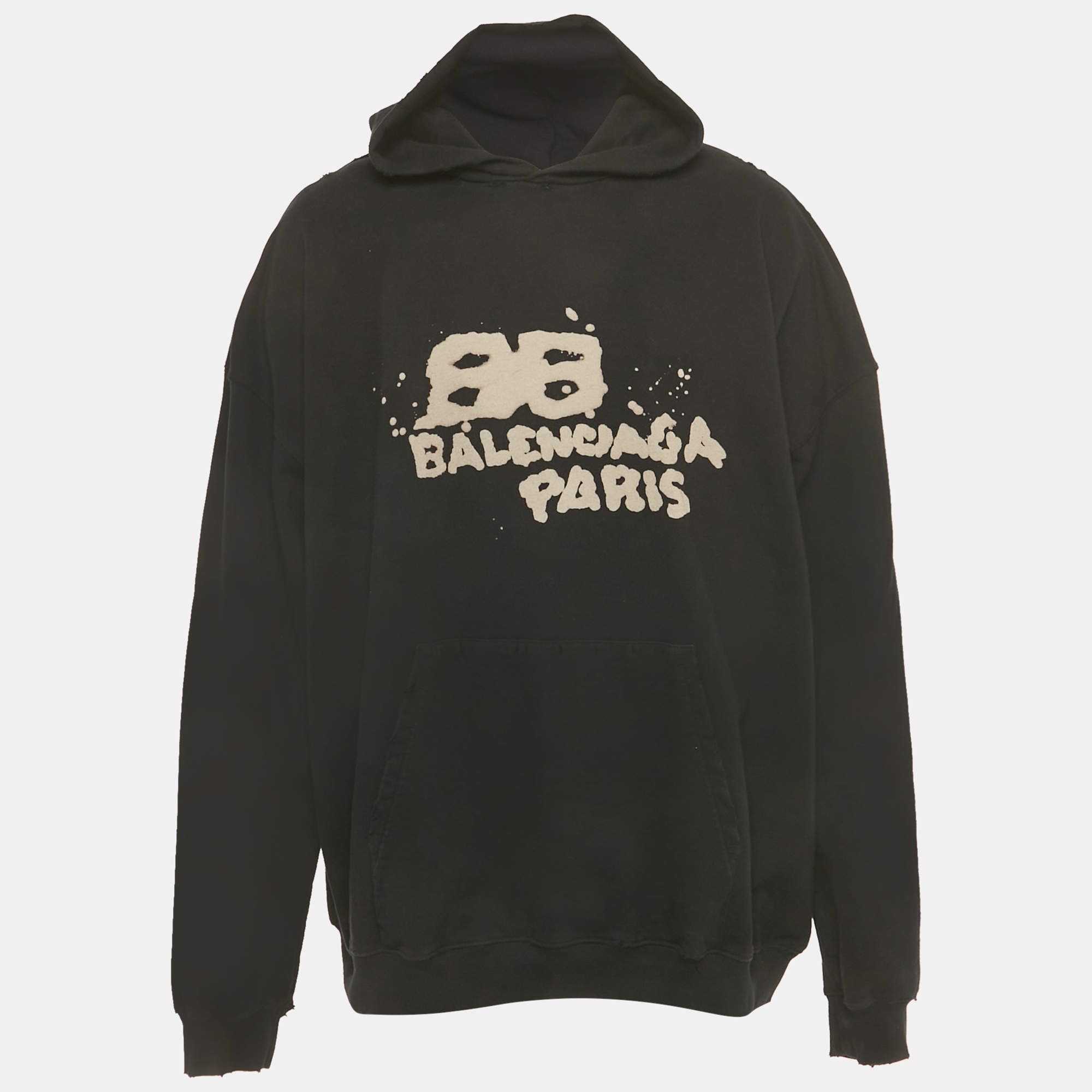 Pre Owned Balenciaga Black Printed Cotton Distressed Hoodie M