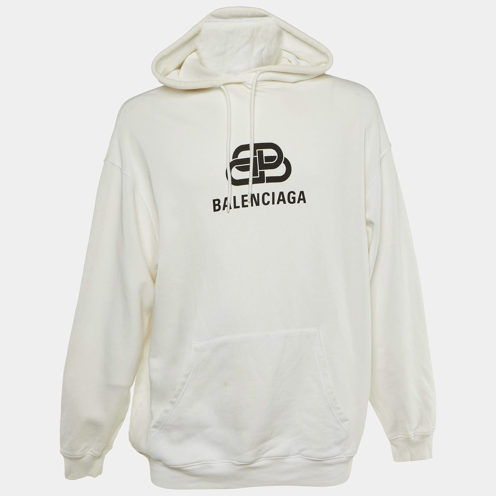 Pre Owned Balenciaga White Logo Print Cotton Hoodie XS 