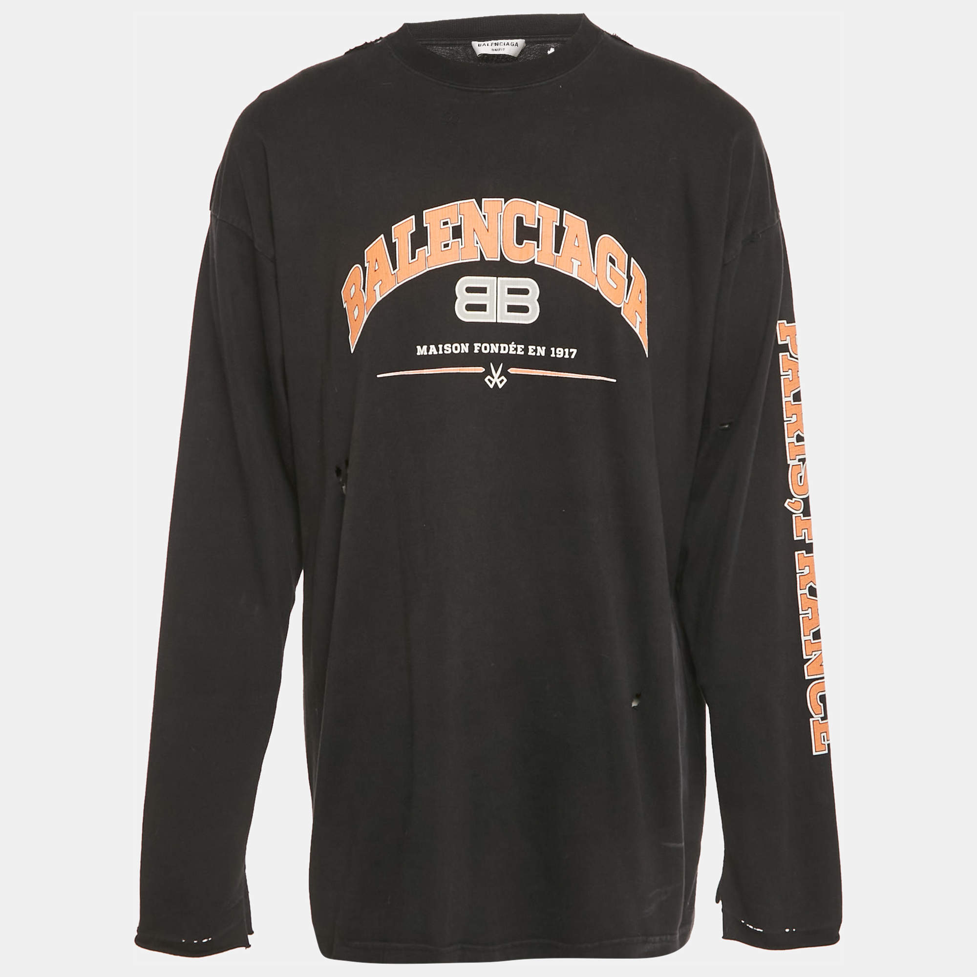 Pre Owned Balenciaga Unifit Black Logo Print Distressed Cotton Oversized T-Shirt M