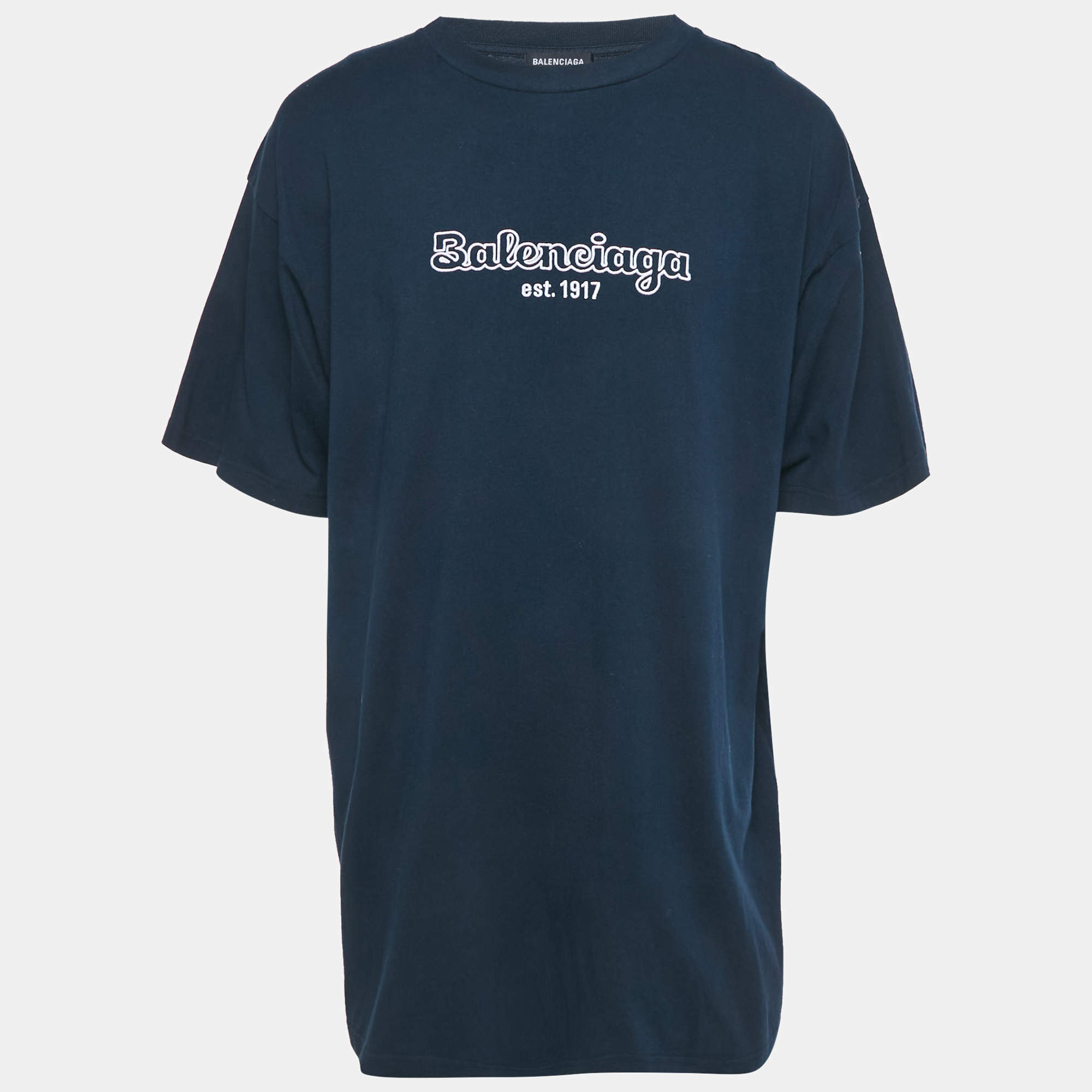 Pre Owned Balenciaga Navy Blue Logo Embroidered Cotton T-Shirt XS