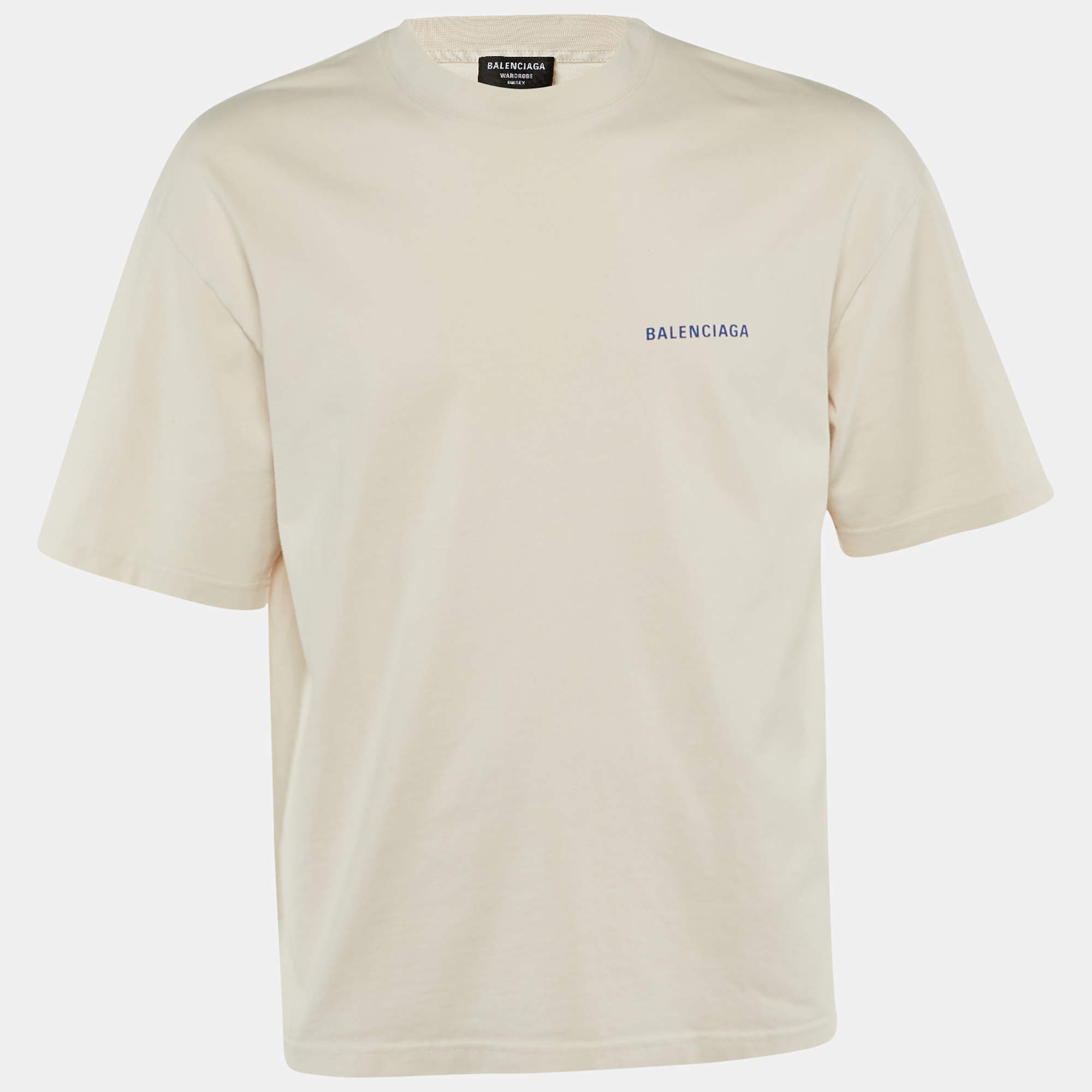 Pre Owned Balenciaga Beige Logo Print Cotton T-Shirt M