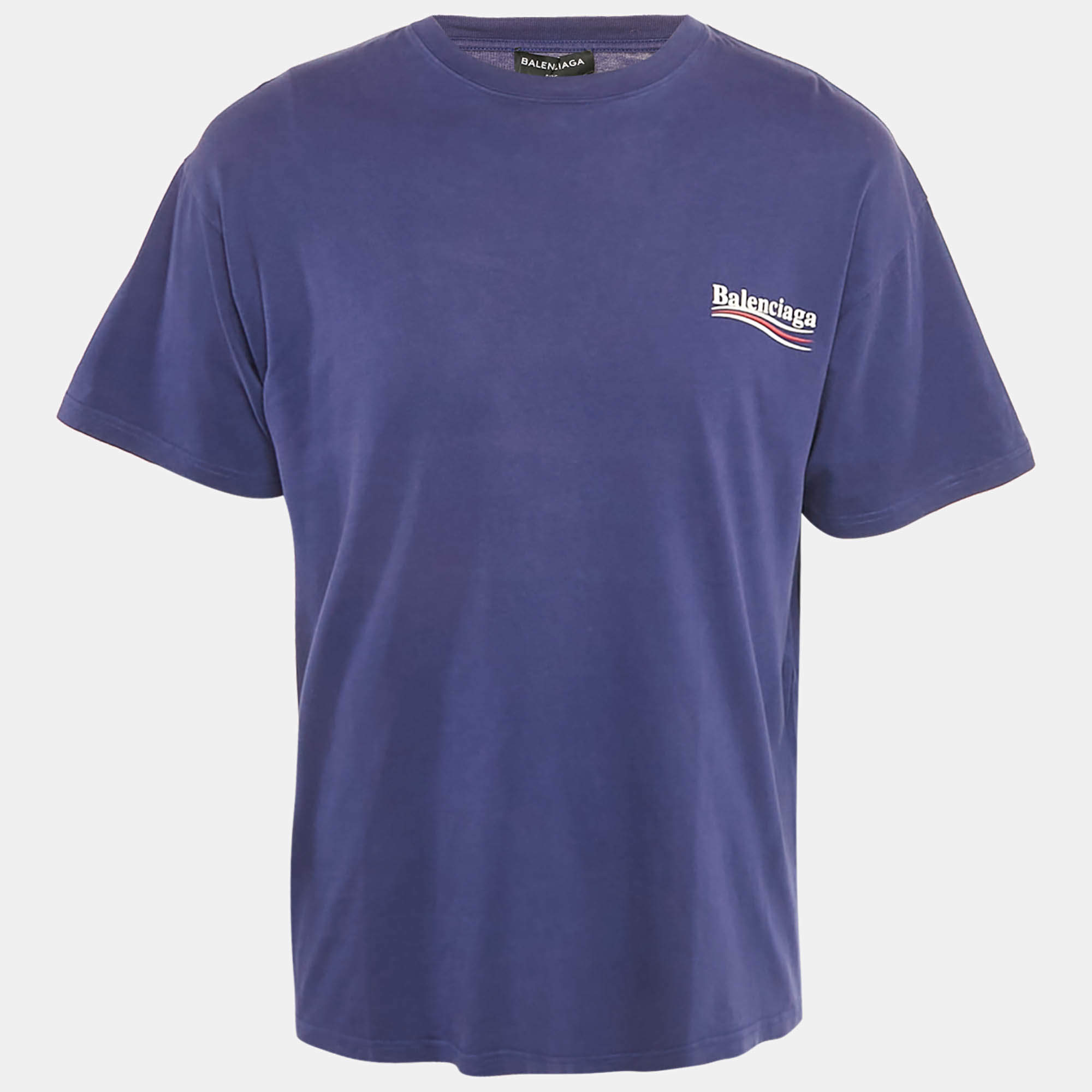 Pre Owned Balenciaga Blue Logo Printed Cotton Knit Oversized T-Shirt M