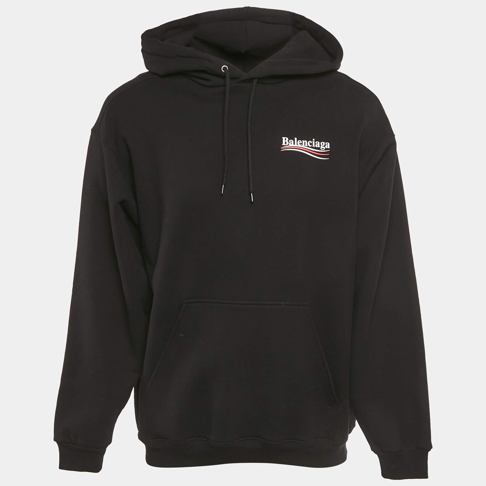 Pre Owned Balenciaga Black Logo Print Cotton Oversize Hoodie M