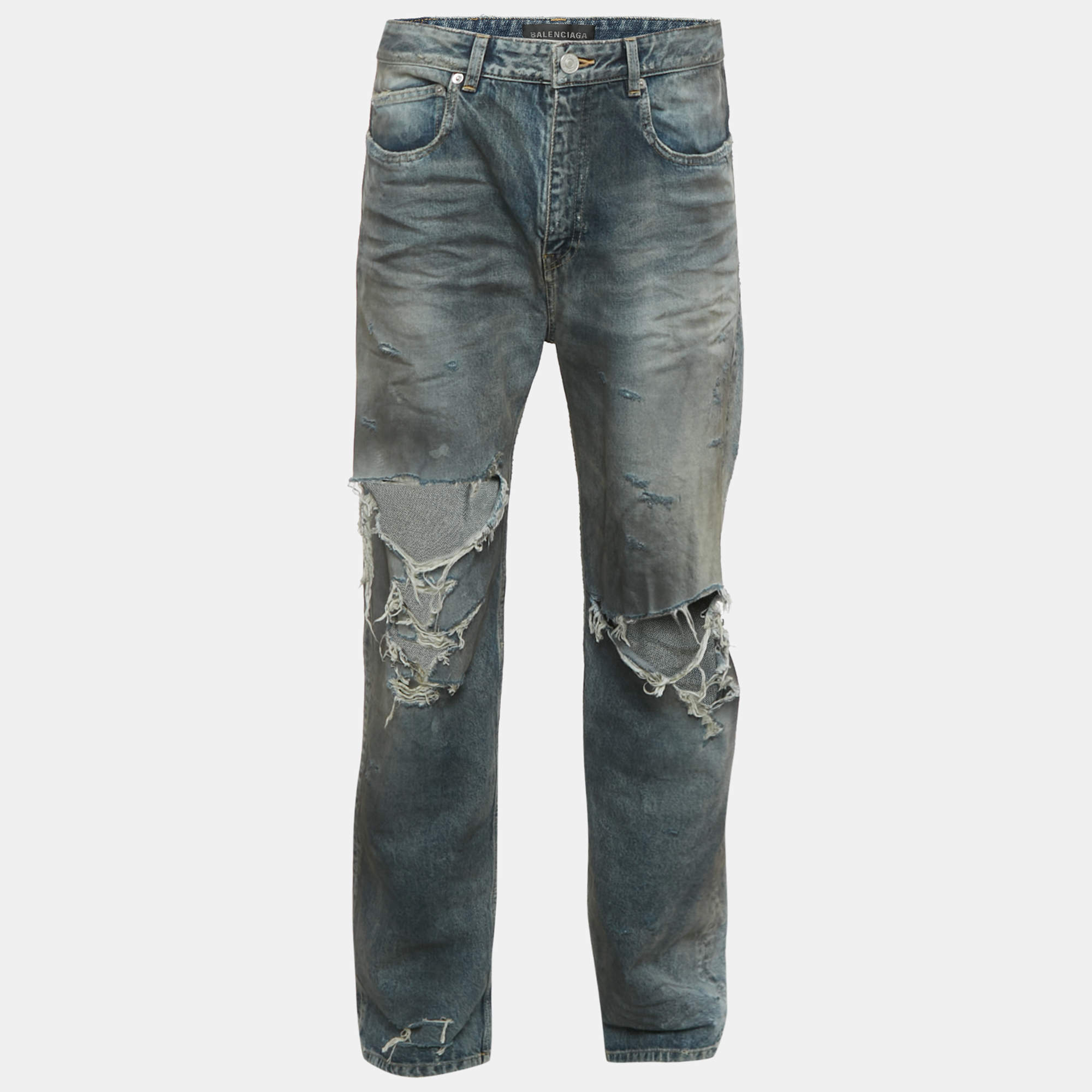 Pre Owned بنطلون جينز ديستريسد متسخ بالنسياجا أزرق للجنسين مقاس وسط 32"