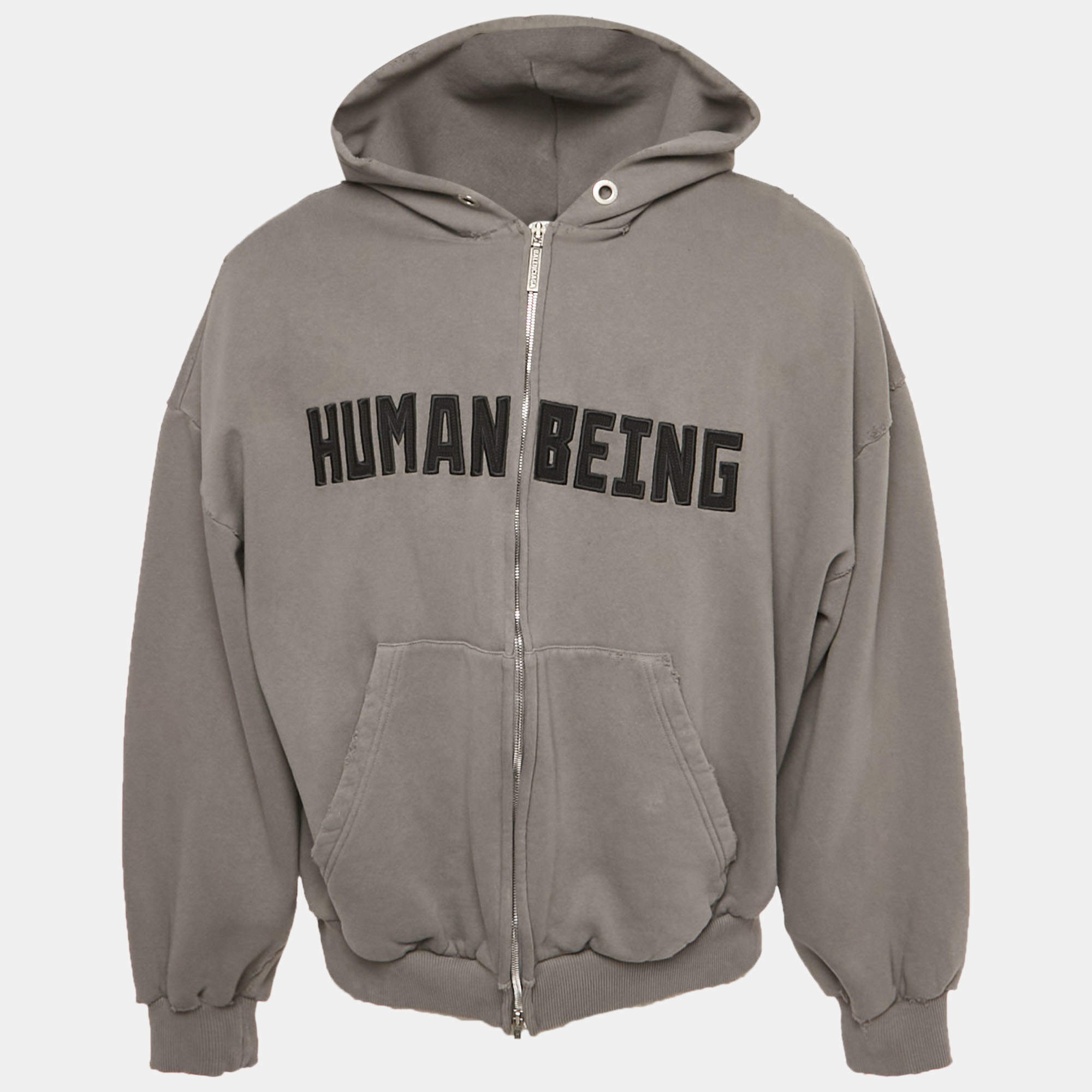 مملوكة مسبقًا Balenciaga Unisex Grey Cotton Distressed Zip-Up Hoodie L