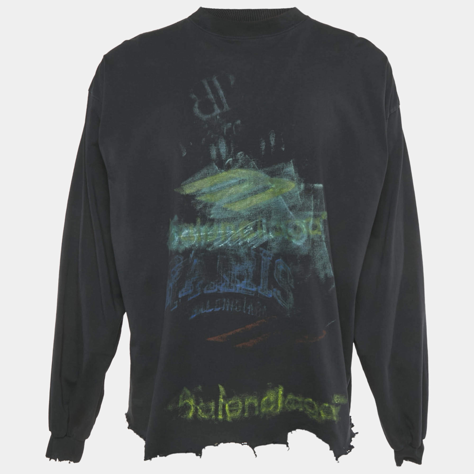 مملوكة مسبقًا تي شيرت بالنسياغا أزرق داكن بطبعة قطن نمط ممزق مقاس متوسط