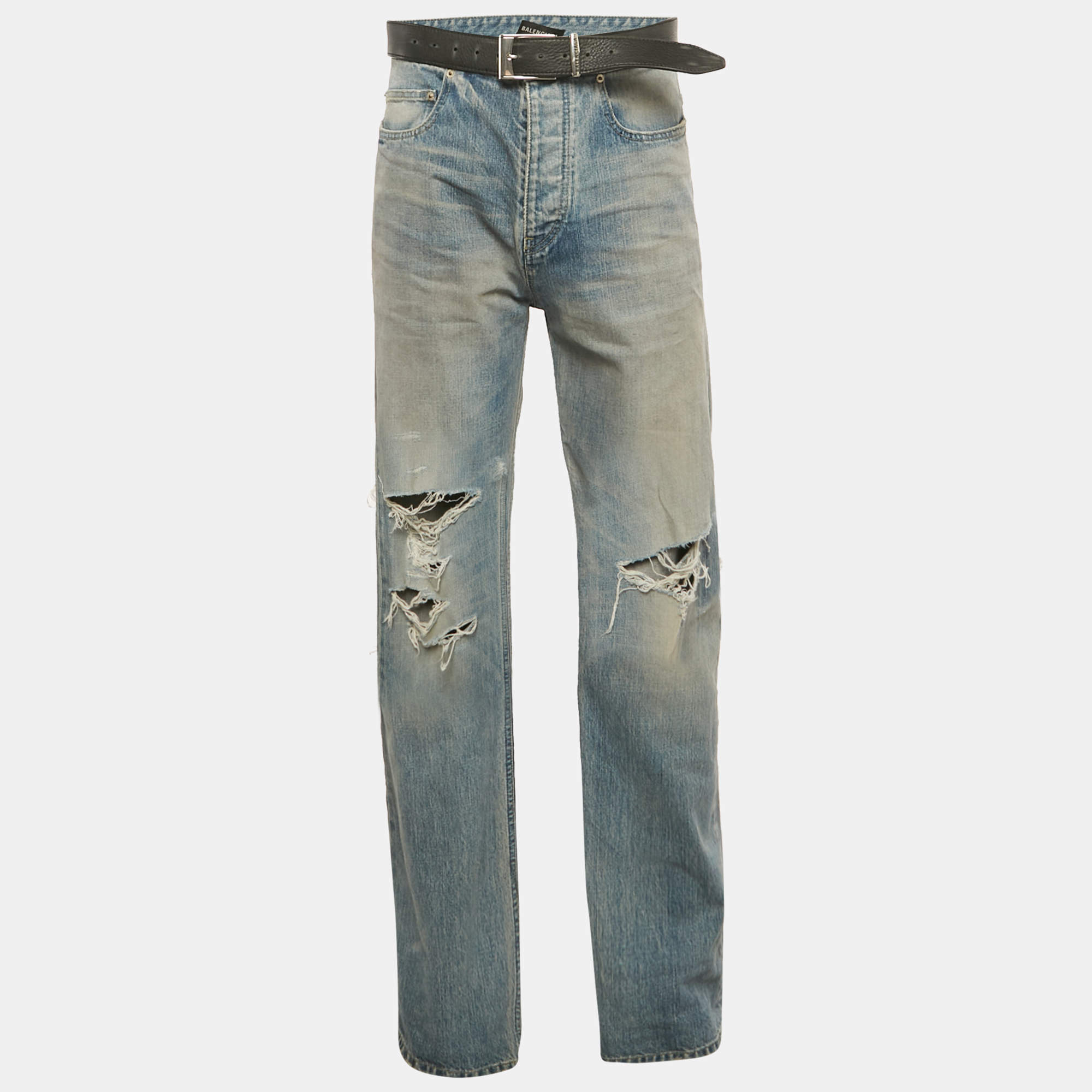 مملوكة مسبقًا Balenciaga Unisex Blue Ripped Denim Belted Jeans M/Waist 32"