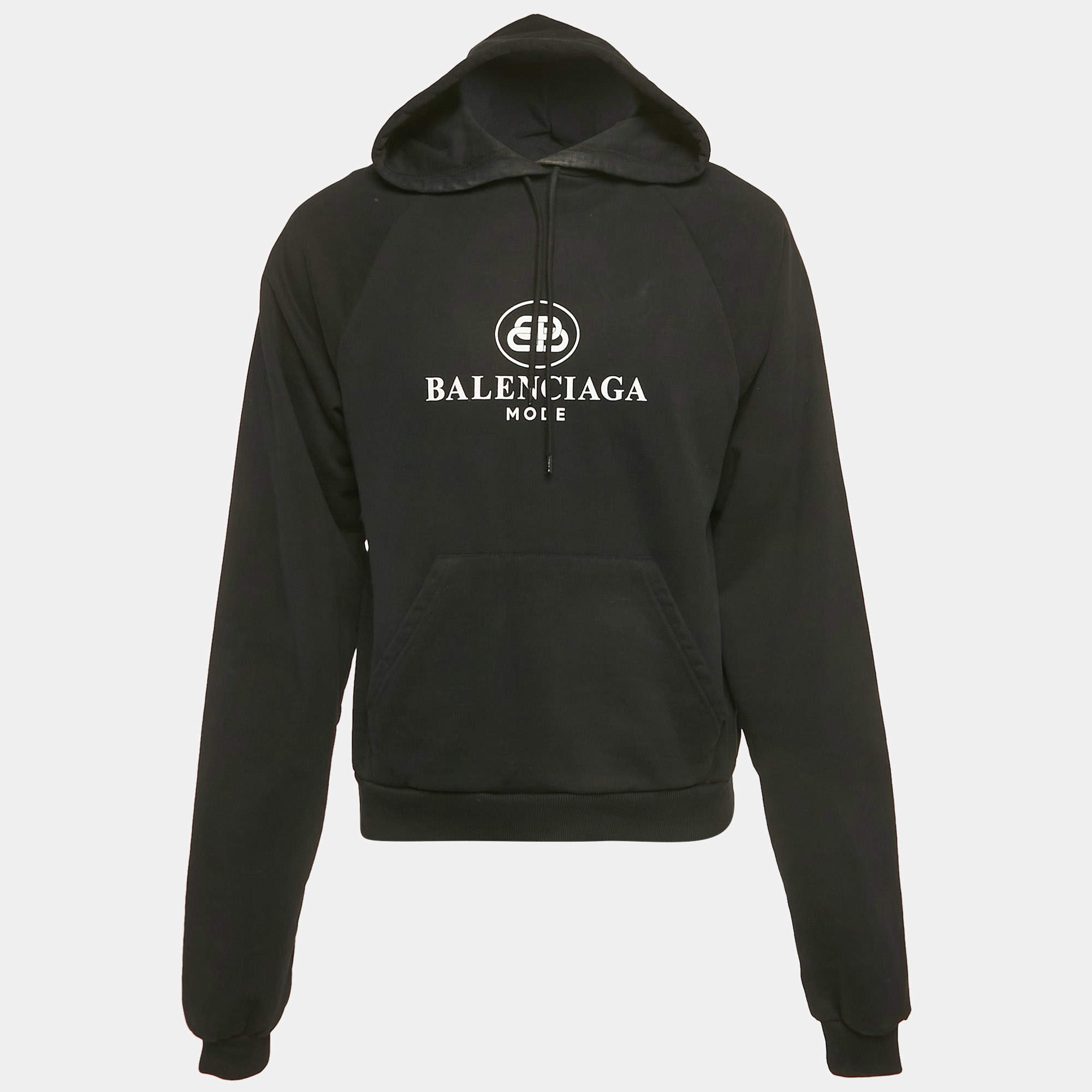 Pre Owned Balenciaga Black Logo Print Cotton Hoodie XS