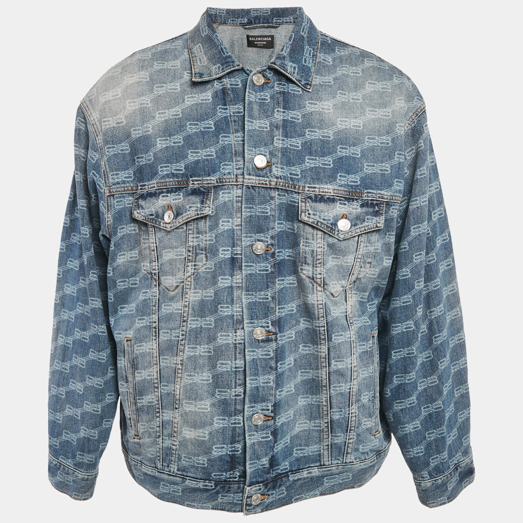 Pre Owned Balenciaga Unifit Blue Logo Pattern Denim Oversized Jacket S