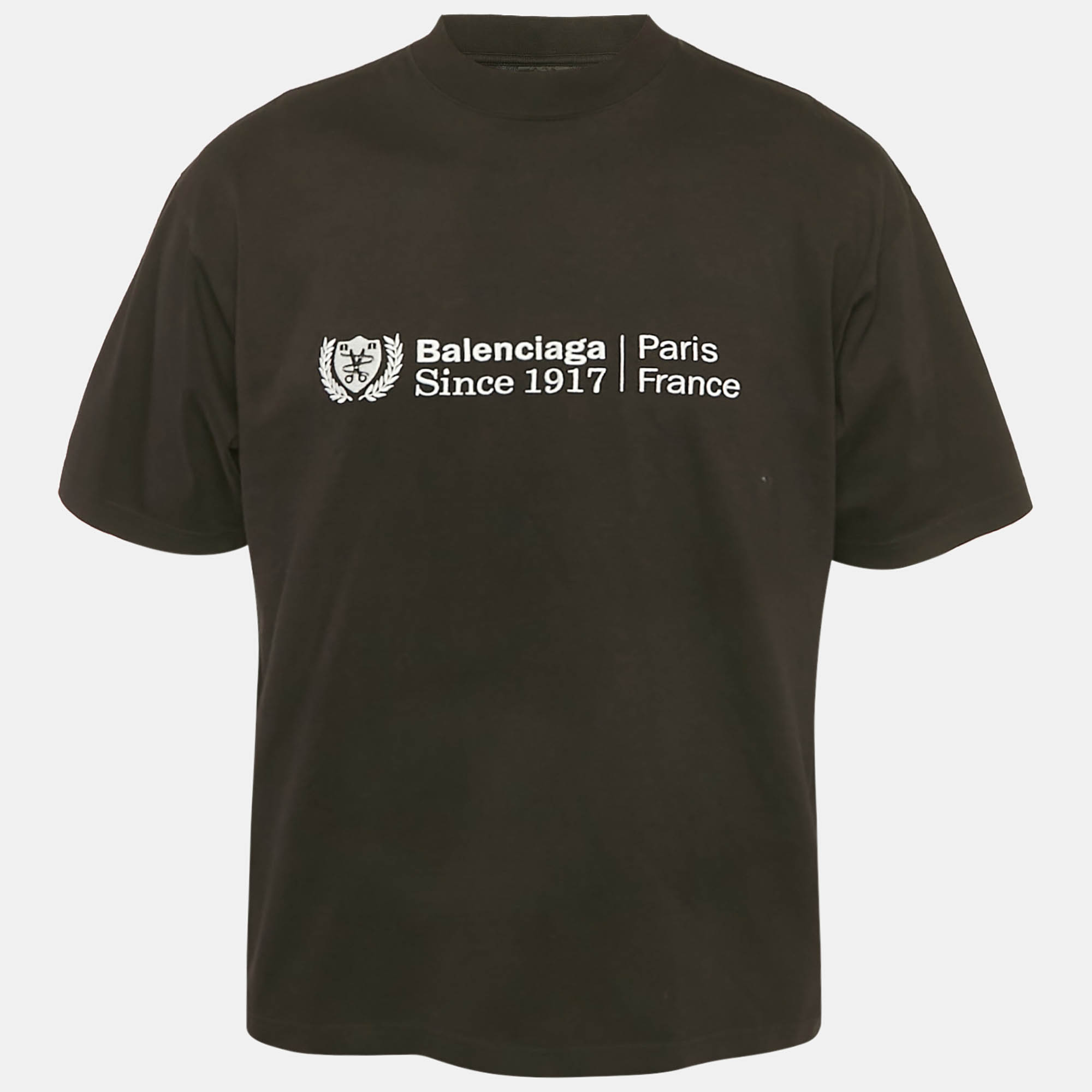 مملوكة مسبقًا تي شيرت بالنسياغا جيرسي مطرز بشعار أسود للجنسين مقاس صغير جداً