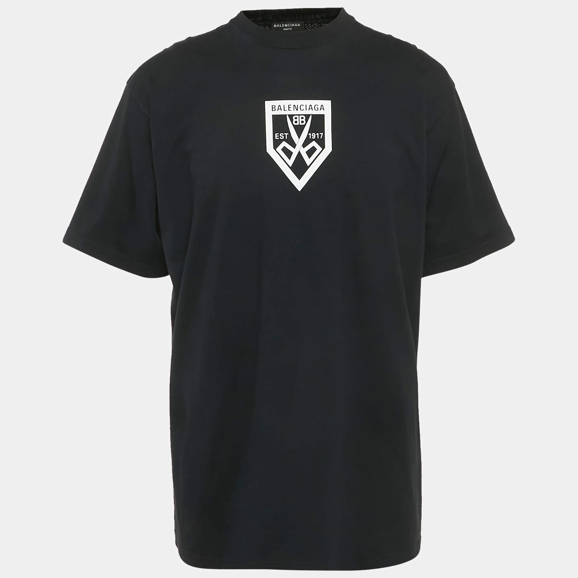 مملوكة مسبقًا تـي شيرت بالنسياغا قطن مطبوع بالشعار أسود مـقاس صغـير جدًا - إكس سـمول