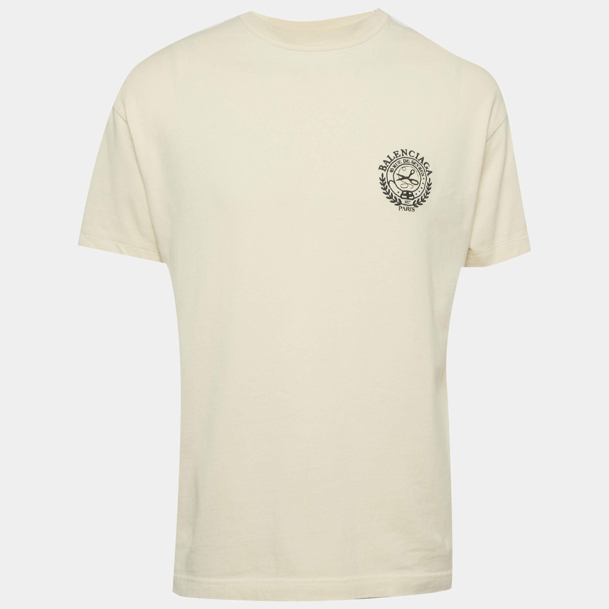 Pre Owned Balenciaga Unisex Cream Embroidered Jersey T-Shirt XS