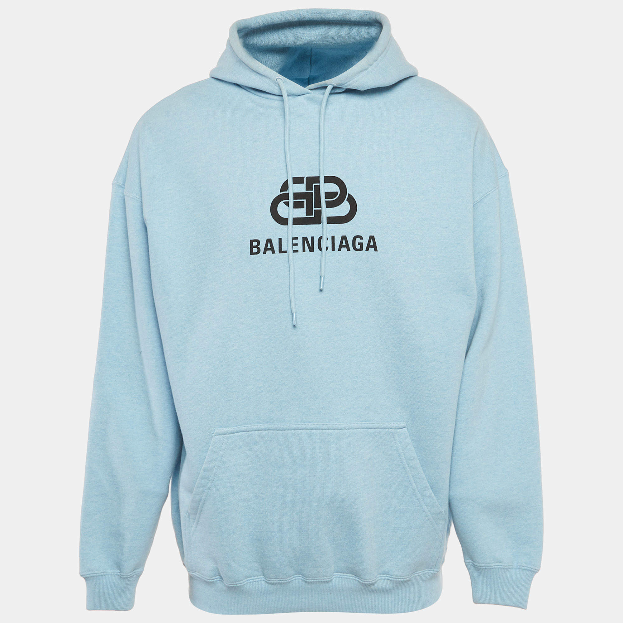 Pre Owned Balenciaga Blue Logo Print Cotton Hoodie S