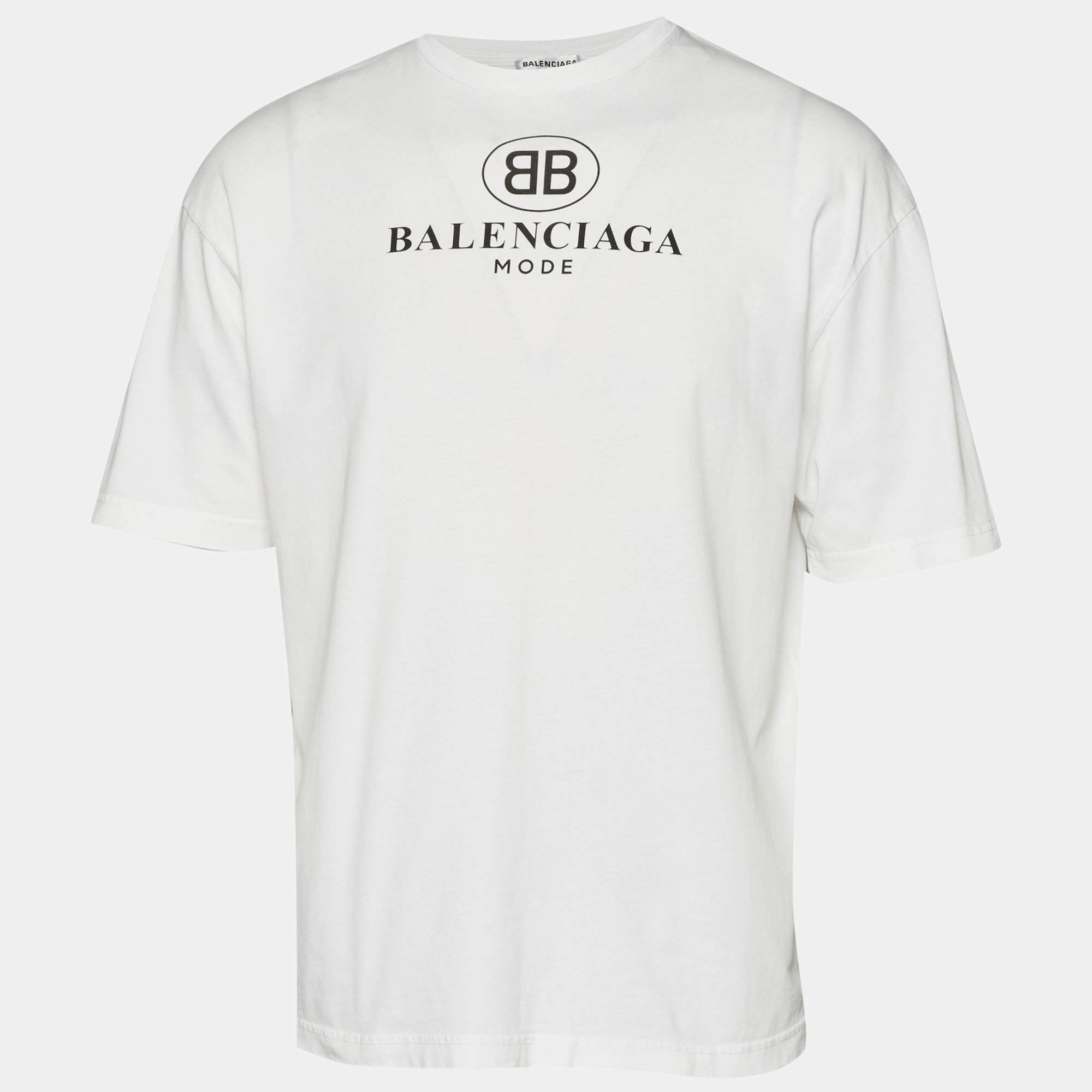 مملوكة مسبقًا تي شيرت بالنسياغا رقبة مستديرة قطن طباعة شعار أبيض مقاس صغير