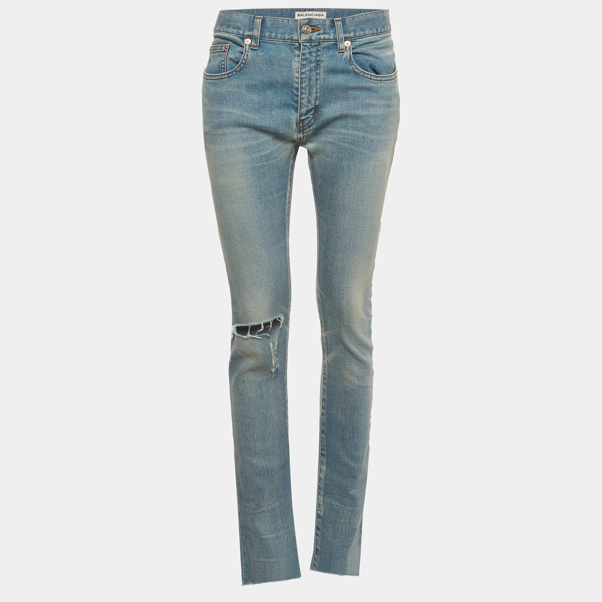 Pre Owned Balenciaga Blue Distressed Denim Slim Fit Jeans S/Waist 32" 