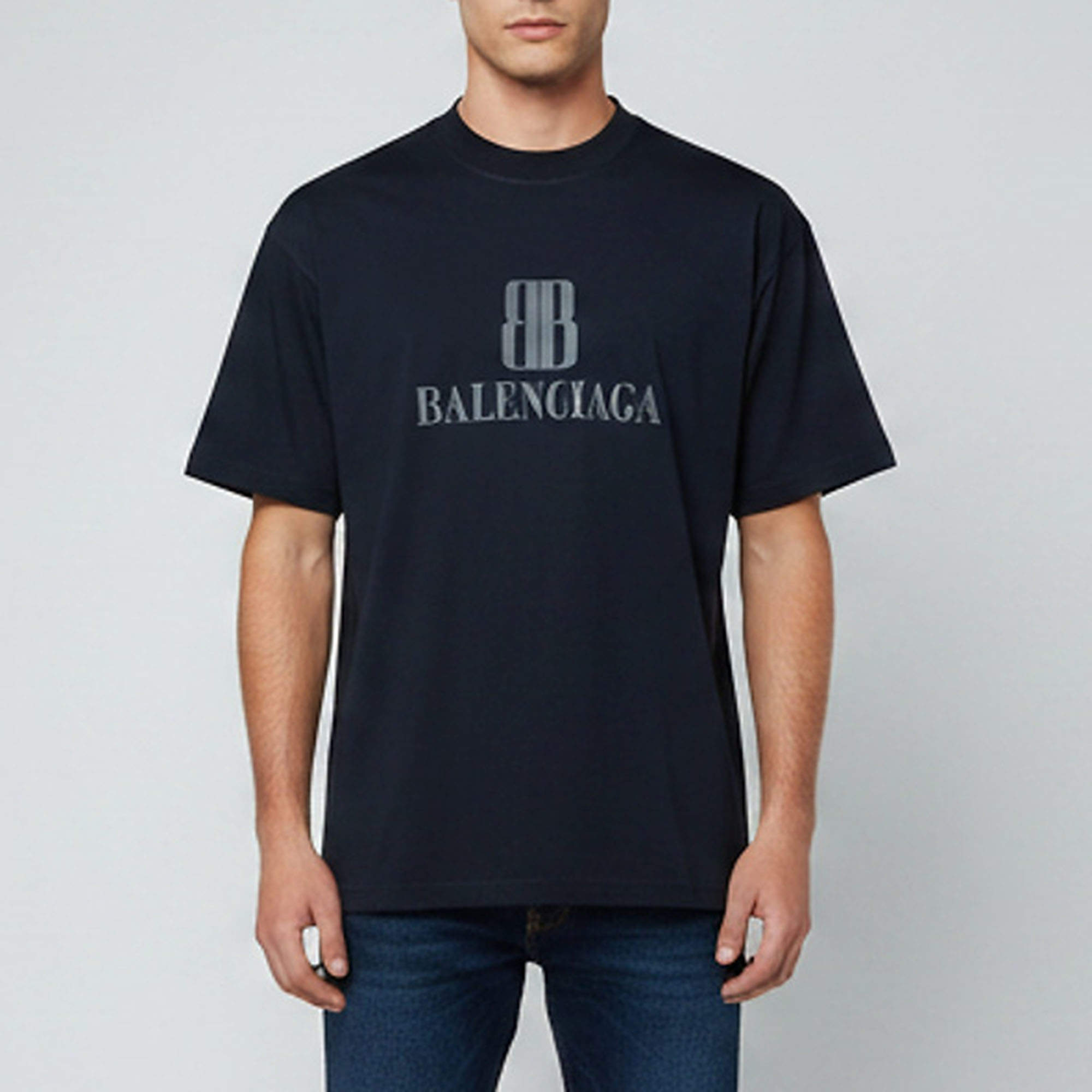 Pre Owned Balenciaga MIdnight Blue Nano BB Logo Cotton Unisex Crew Neck T-Shirt M