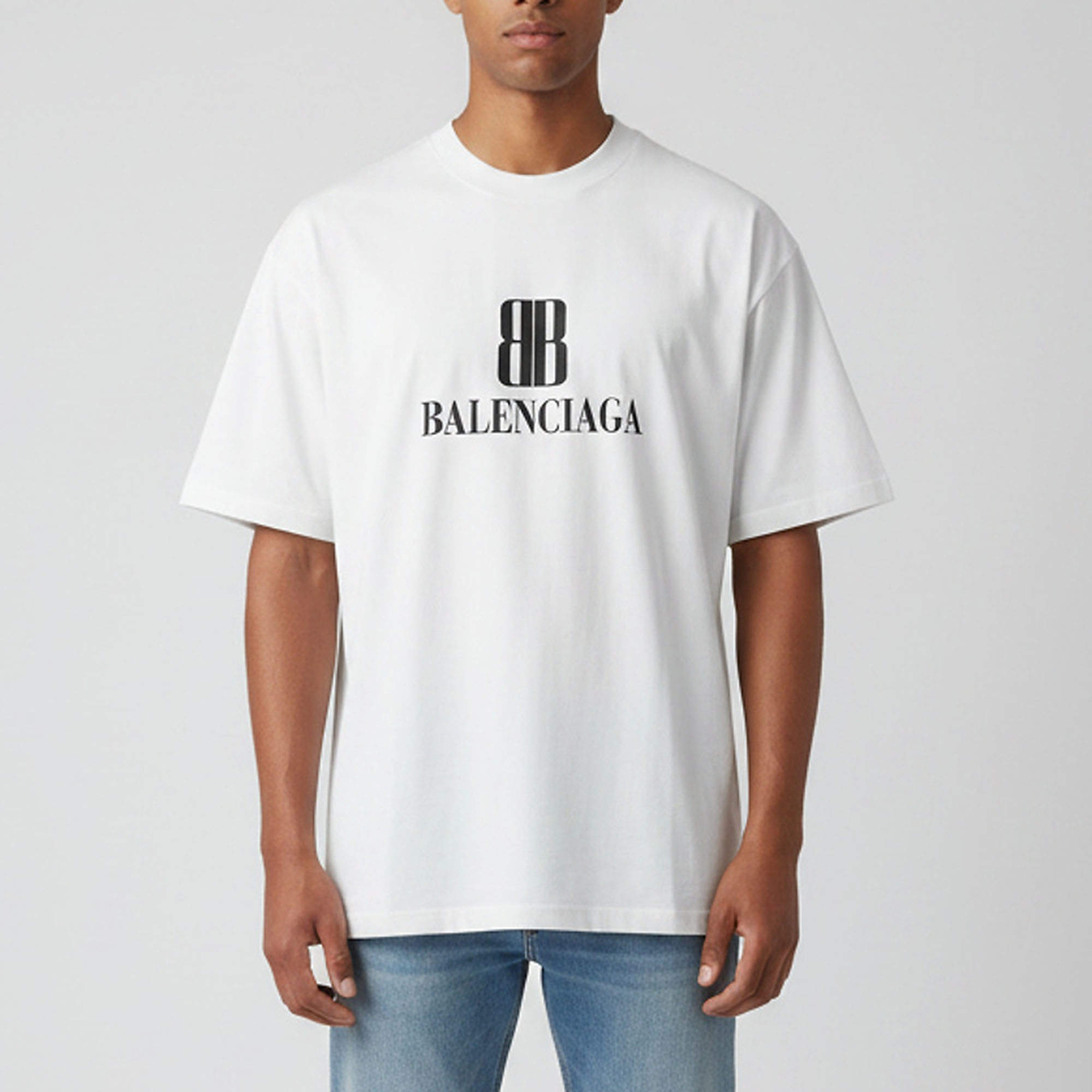 مملوكة مسبقًا Balenciaga Pale Grey Nano BB Logo Cotton Unisex Crew Neck T-Shirt L