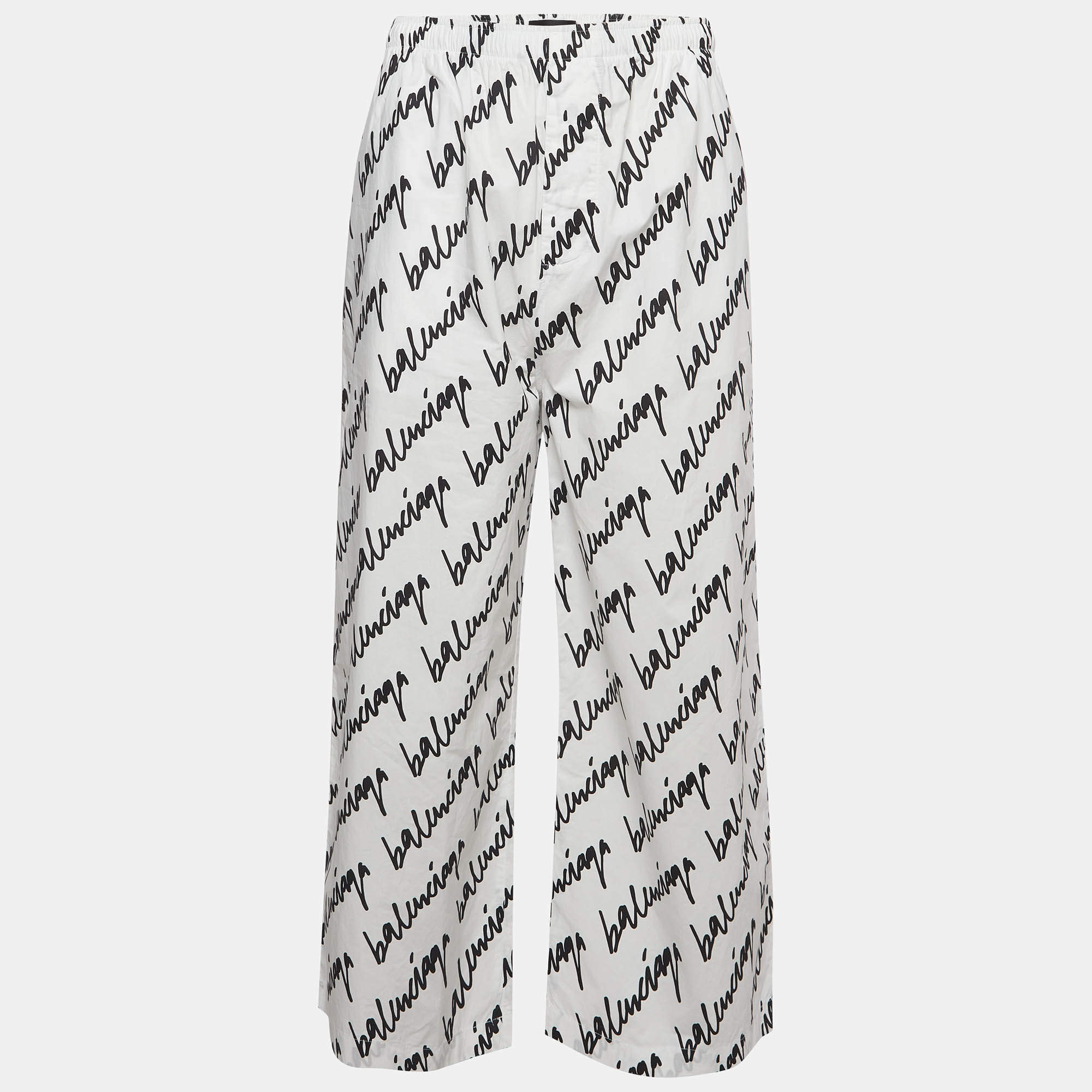 Pre Owned Balenciaga White Logo Print Poplin Trousers XL