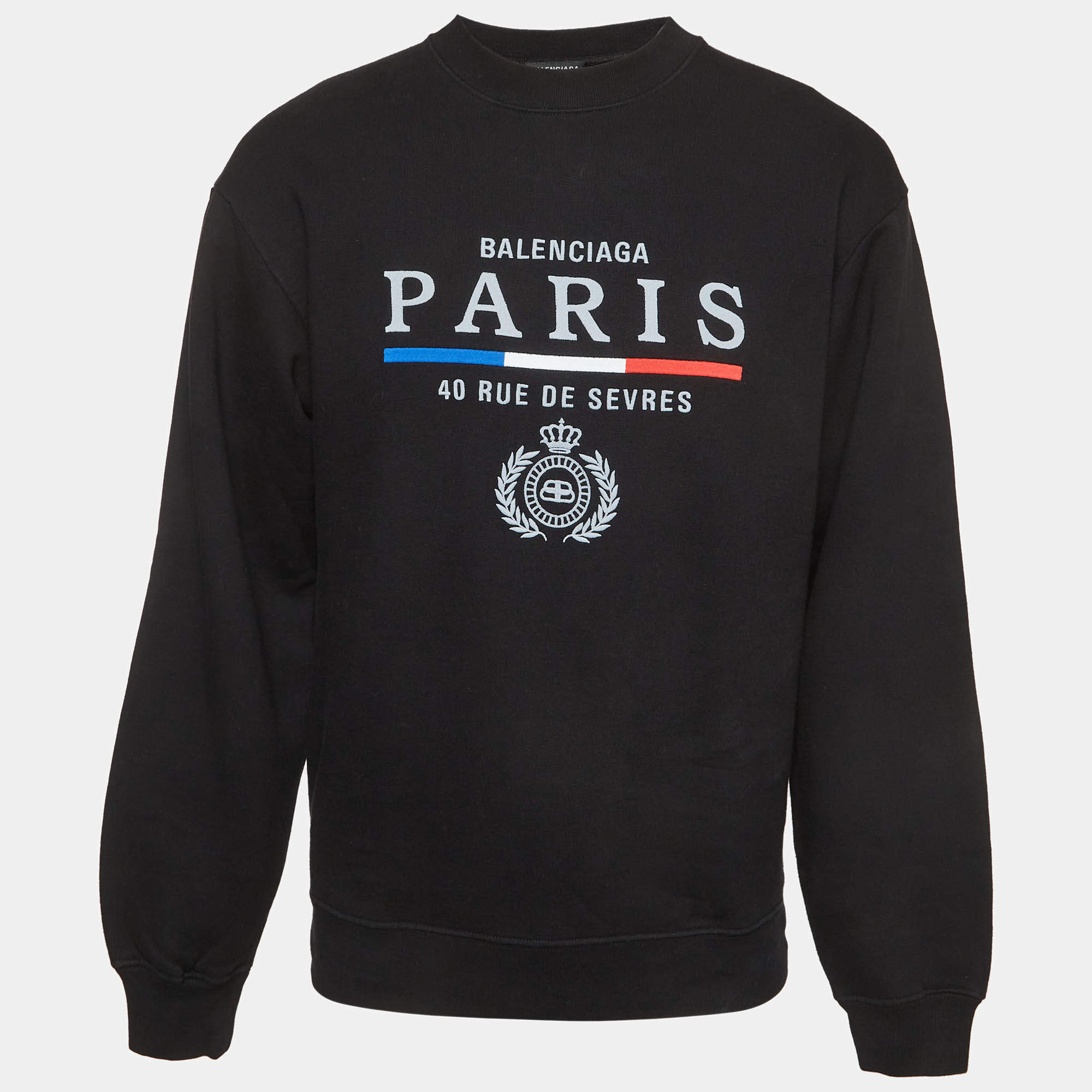 Pre Owned Balenciaga Black Paris Flag Embroidered Cotton Knit Sweatshirt XS