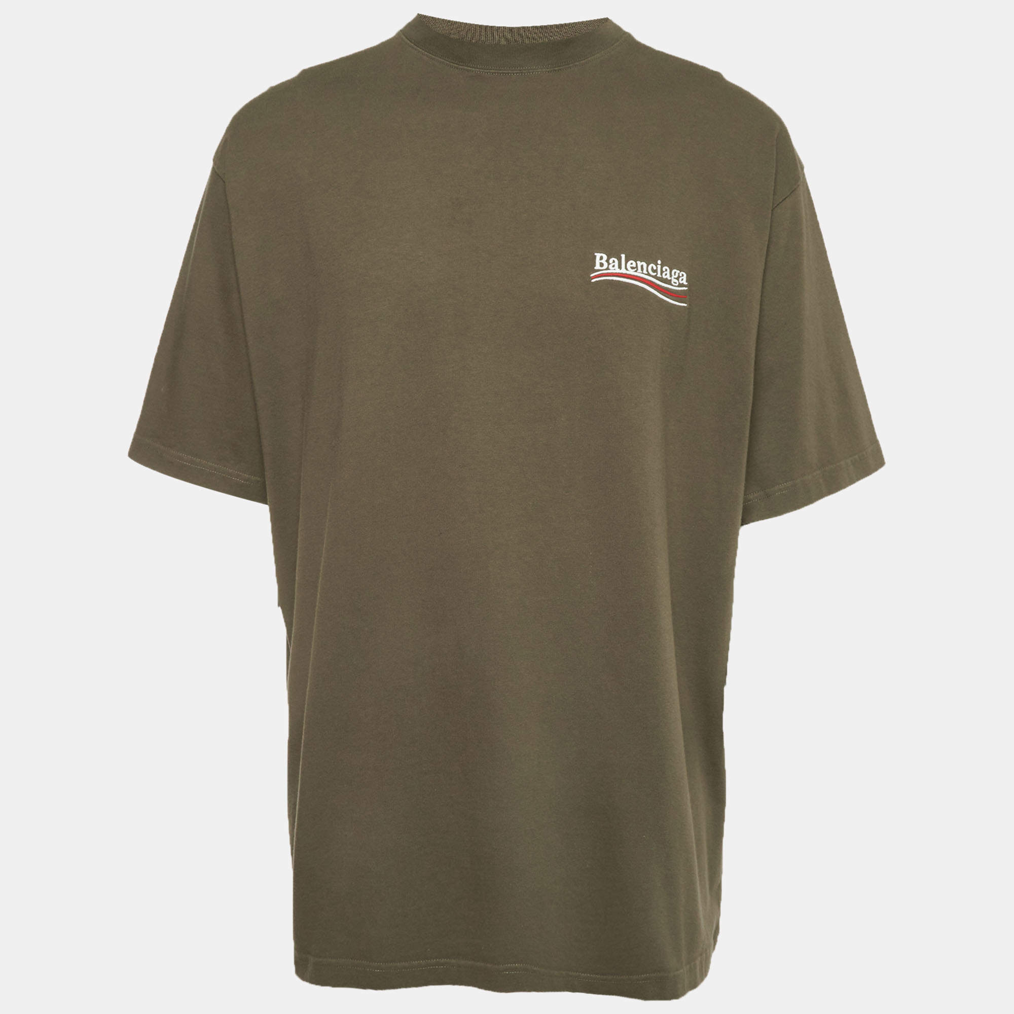 Pre Owned Balenciaga Olive Green Political Campaign Logo Jersey T-Shirt L