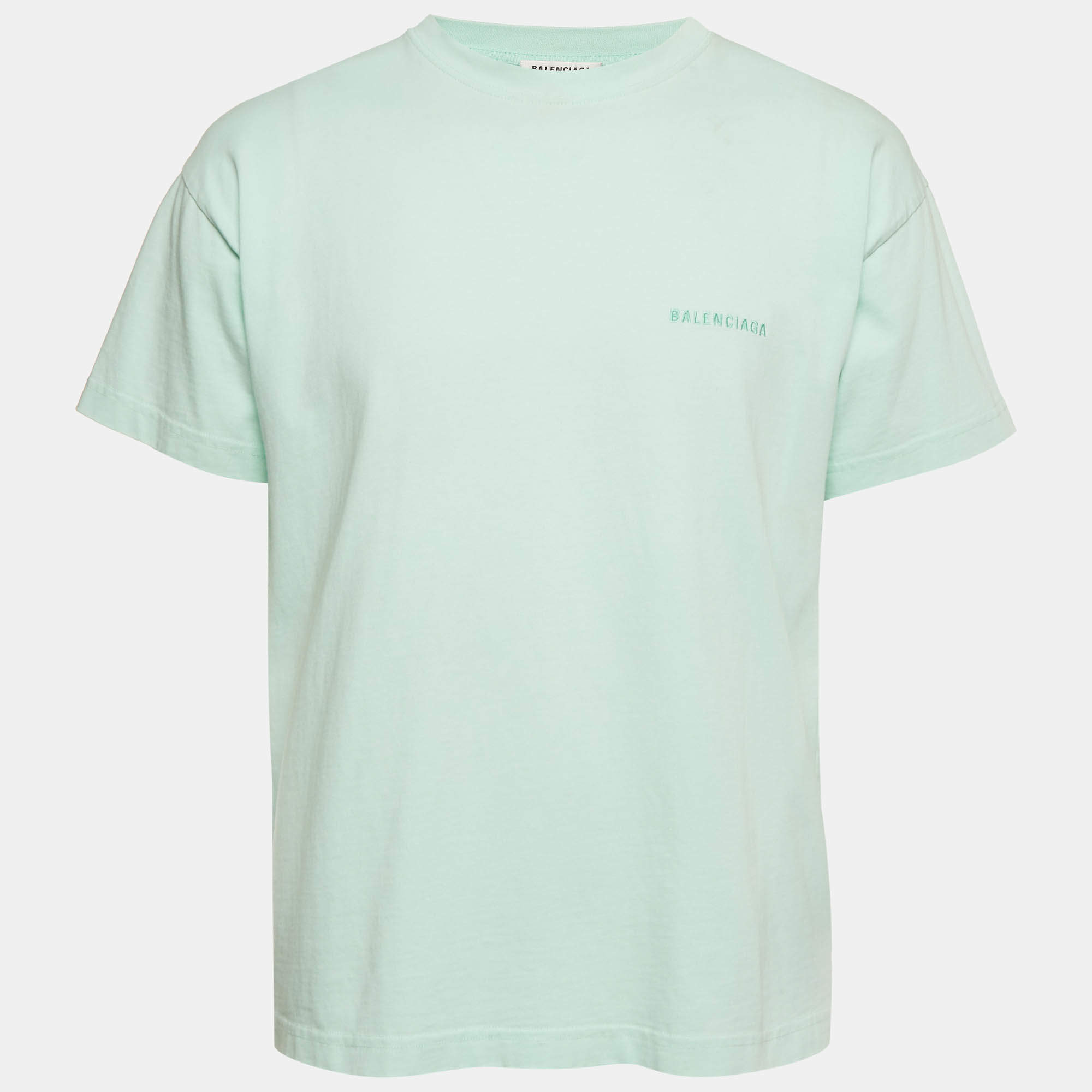 Pre Owned Balenciaga Unisex Mint Green Logo Embroidered Jersey T-Shirt M 