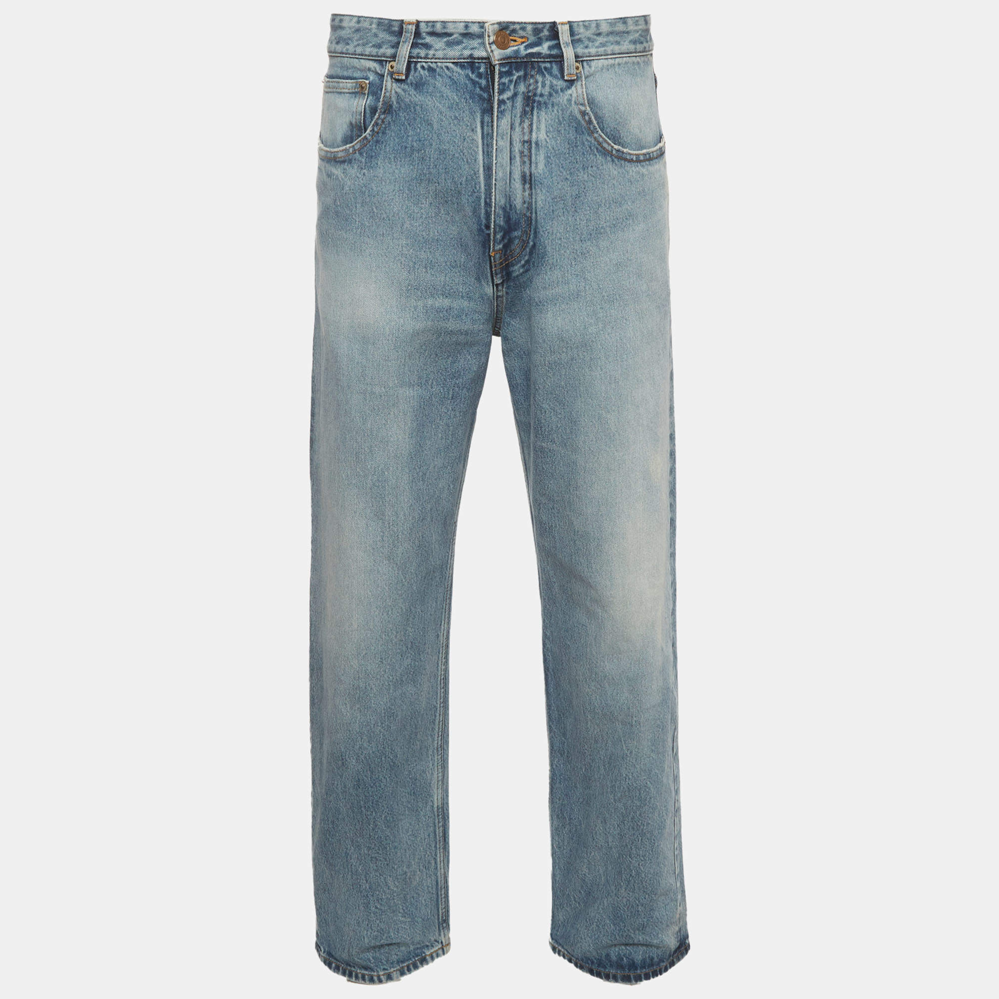 Pre Owned Balenciaga Unisex Blue Faded Denim Straight Leg Jeans XS/Waist 30"