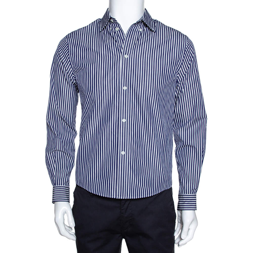 Pre Owned Balenciaga Navy Blue Logo Print Striped Cotton Shrunken Shirt M