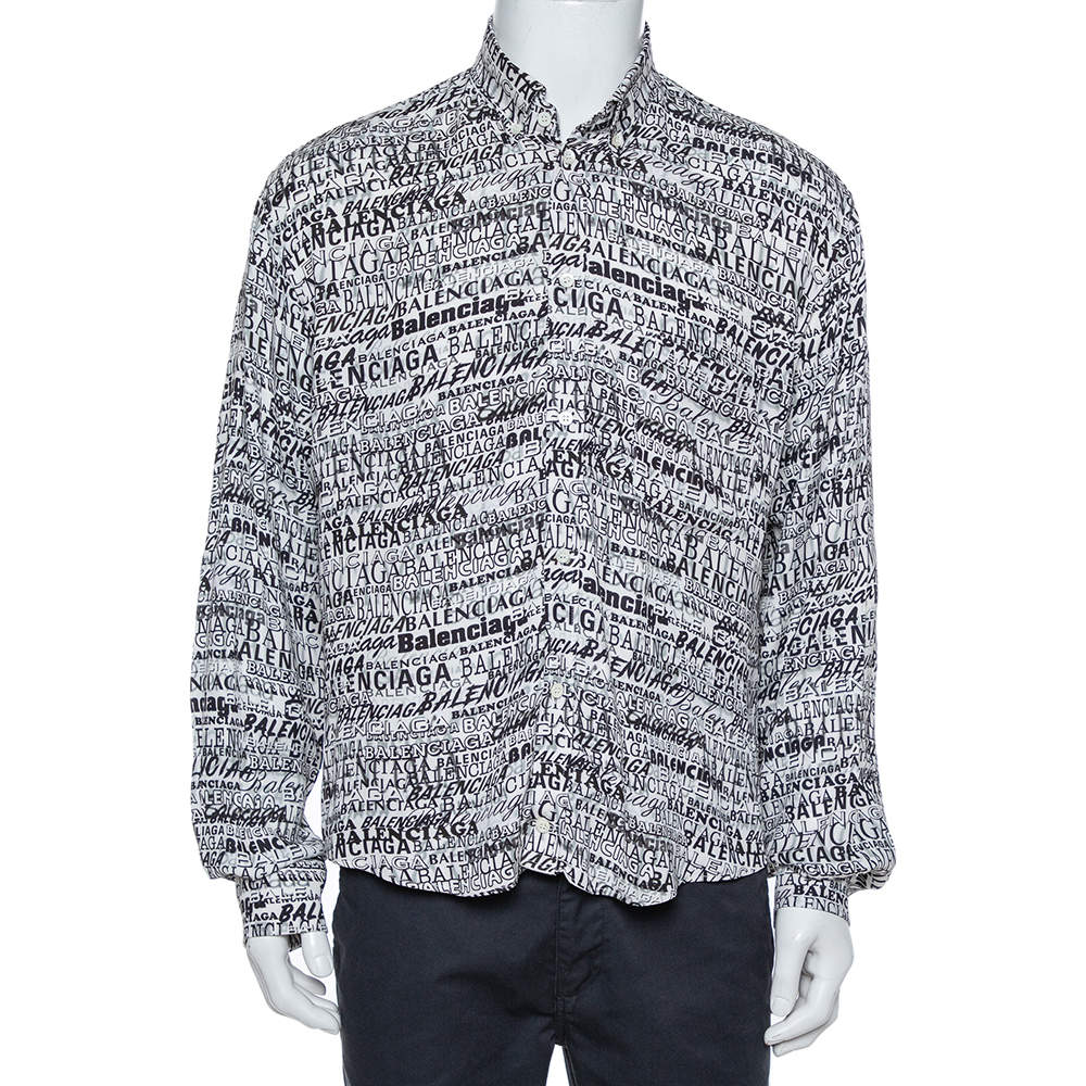 Pre Owned Balenciaga Monochrome Logo Printed Crepe Button Front Shirt S