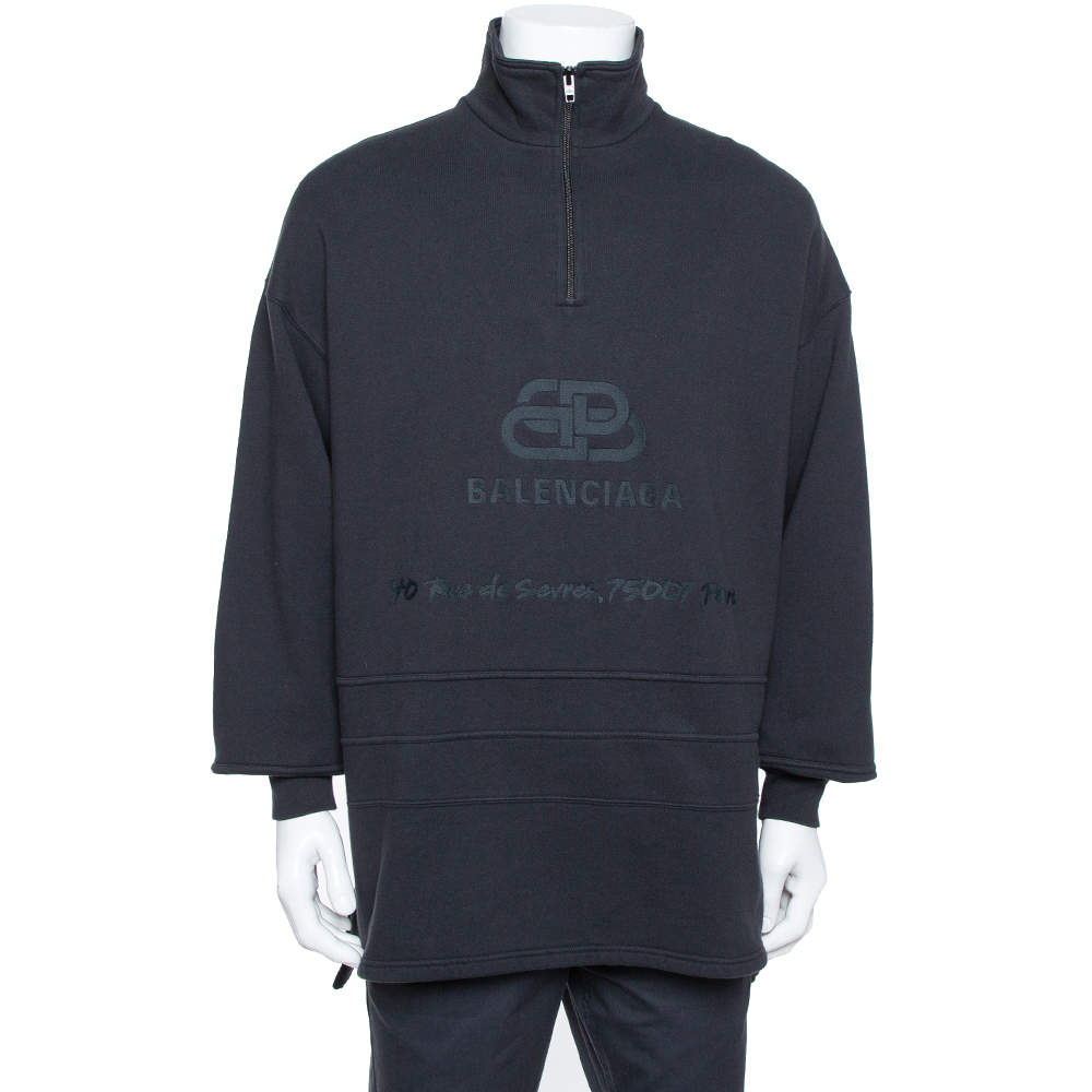 Balenciaga Dark Grey Cotton Logo Embroidered Drop Shoulder Oversized Sweatshirt M