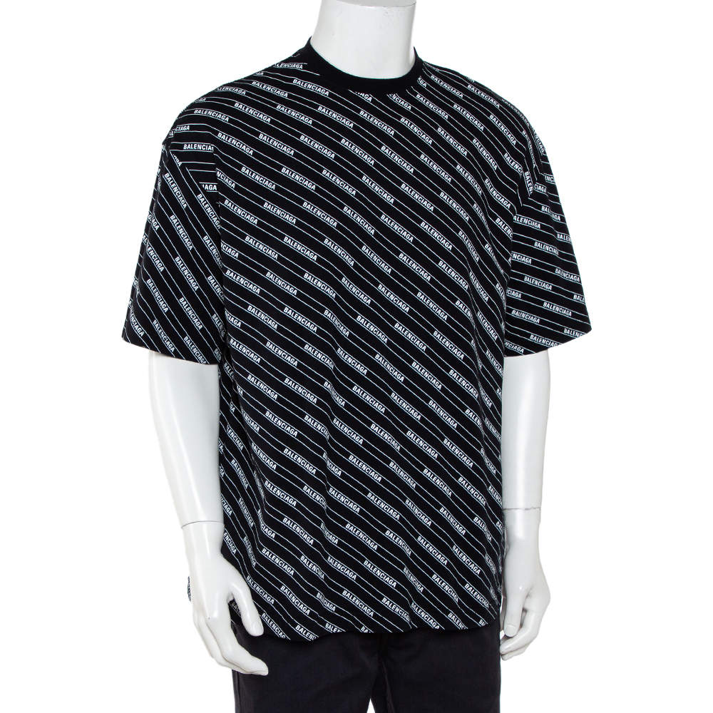 Pre Owned Balenciaga Black Logo Printed Cotton Crewneck T-Shirt M
