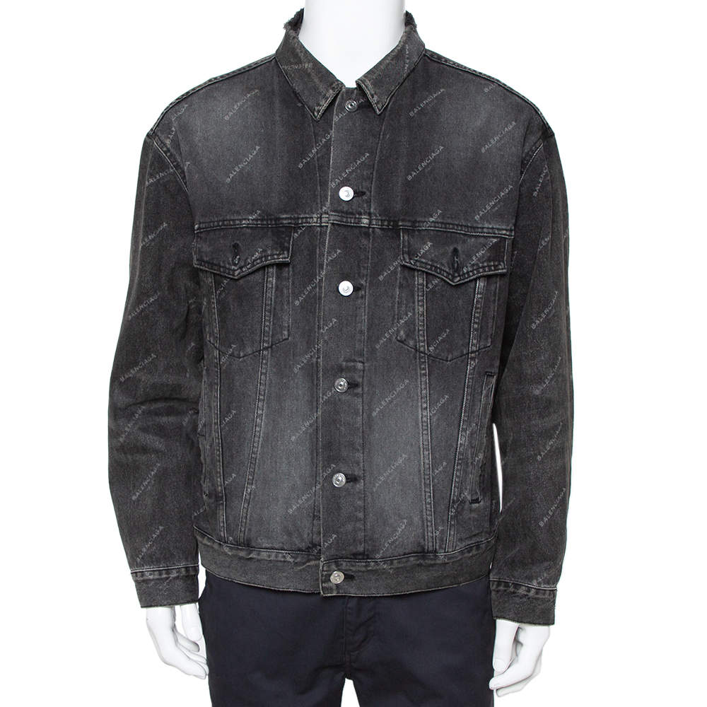 Pre Owned Balenciaga Grey Logo Printed Denim Distressed Collar Detail Jacket M