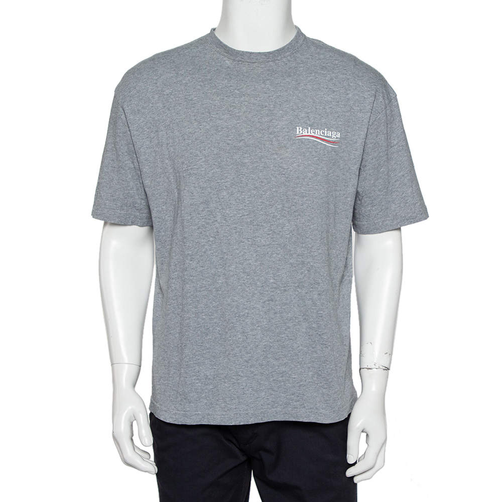 مملوكة مسبقًا Balenciaga Grey Cotton Campaign Logo Crew Neck T Shirt S