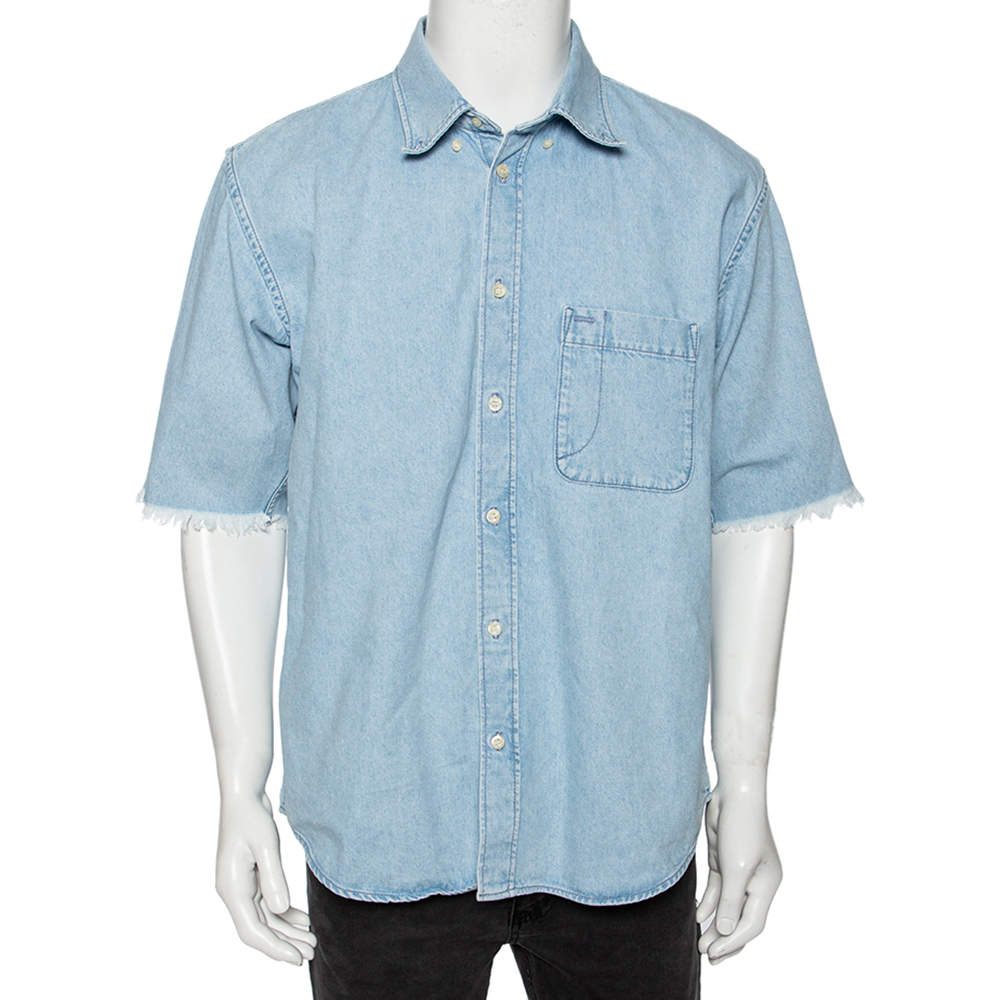 Balenciaga Blue Denim Frayed Detail Button Front Shirt S