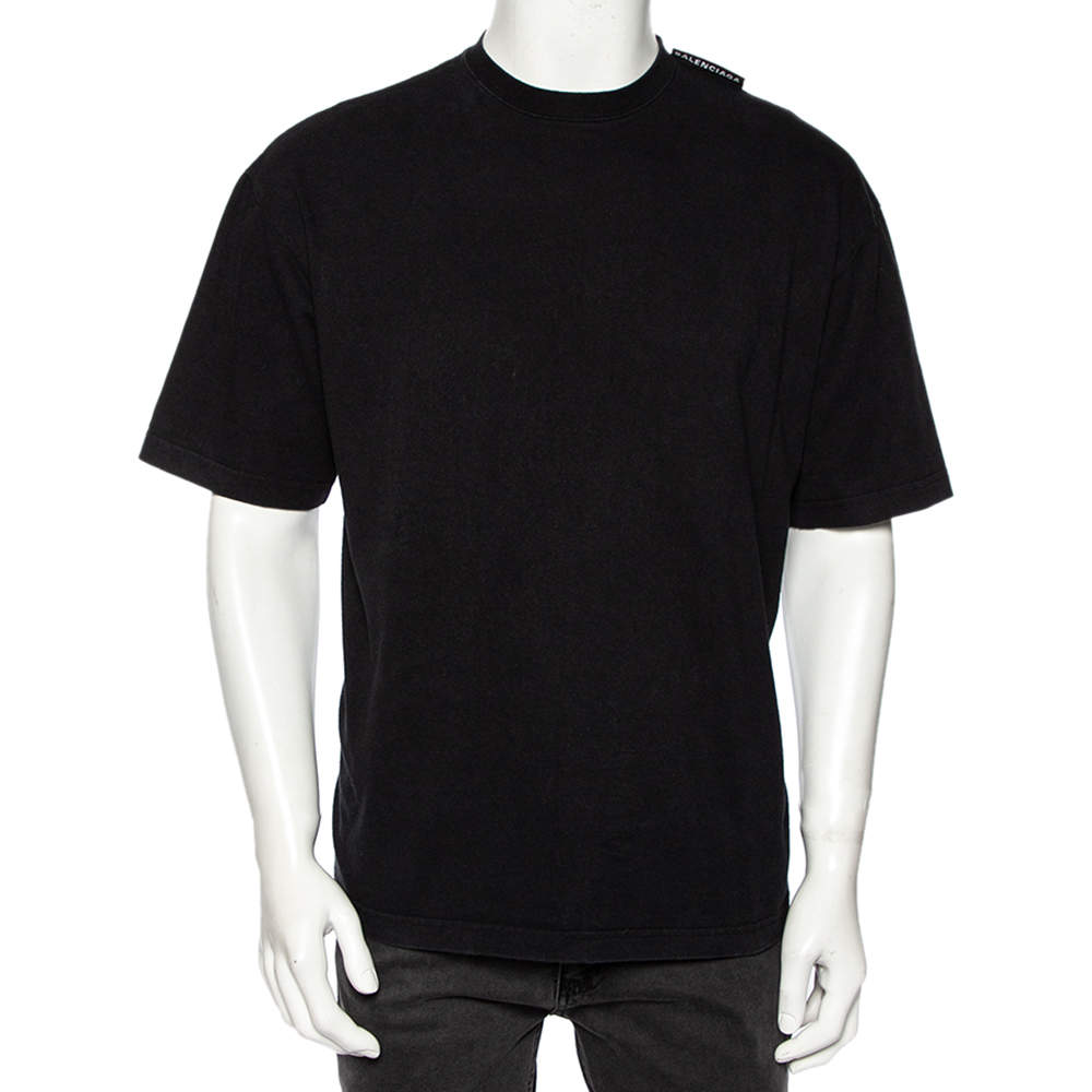 Pre Owned Balenciaga Black Cotton Logo Detailed Crew Neck T-Shirt S
