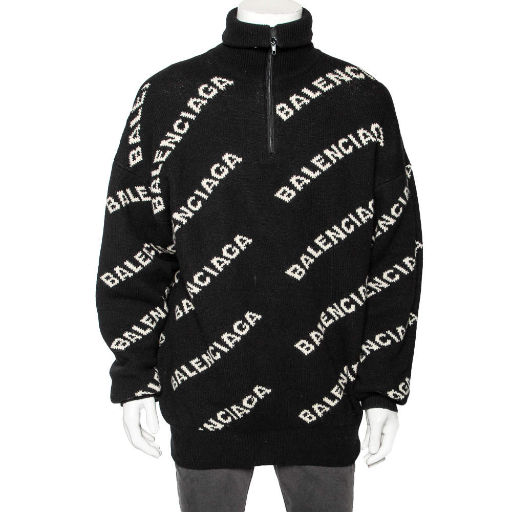 Balenciaga Black Allover Logo Wool & Camel Knit Oversized Sweater L