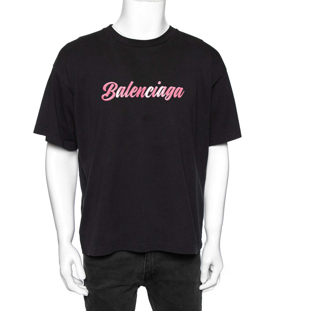 مملوكة مسبقًا Balenciaga Black Cotton Logo Printed Crew Neck T-shirt L