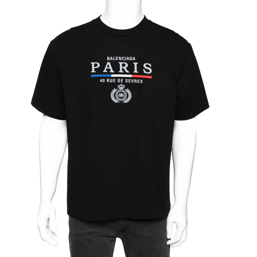 Pre Owned تي شيرت بالنسياغا قطن أسود مطرز شعار الماركة رقبة مستديرة أكمام قصيرة كبير الحجم مقاس كبير (لارج)