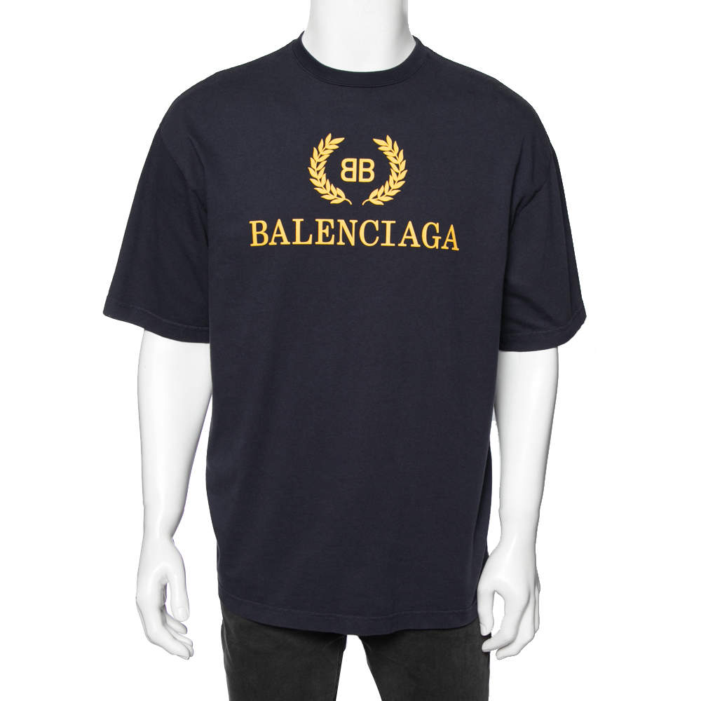 BALENCIAGA ワンポイントロゴTシャツ M ネイビー BALENCIAGA Oversized Logo-Embroidered Cotton-Jersey T-Shirt