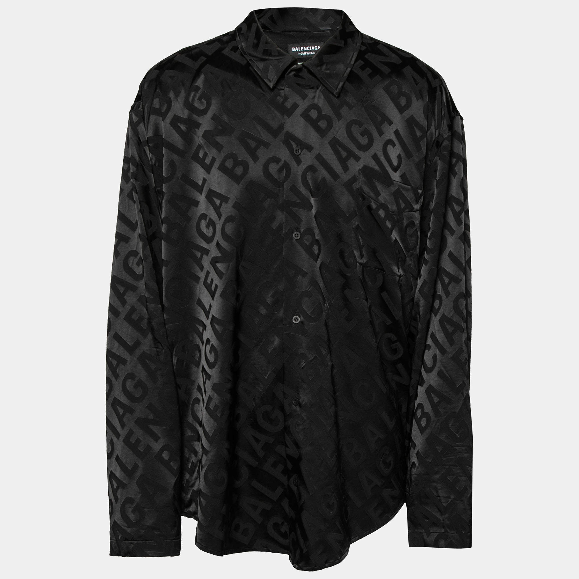 مملوكة مسبقًا Balenciaga Black Satin Allover Logo Oversized Long Sleeves Shirt M