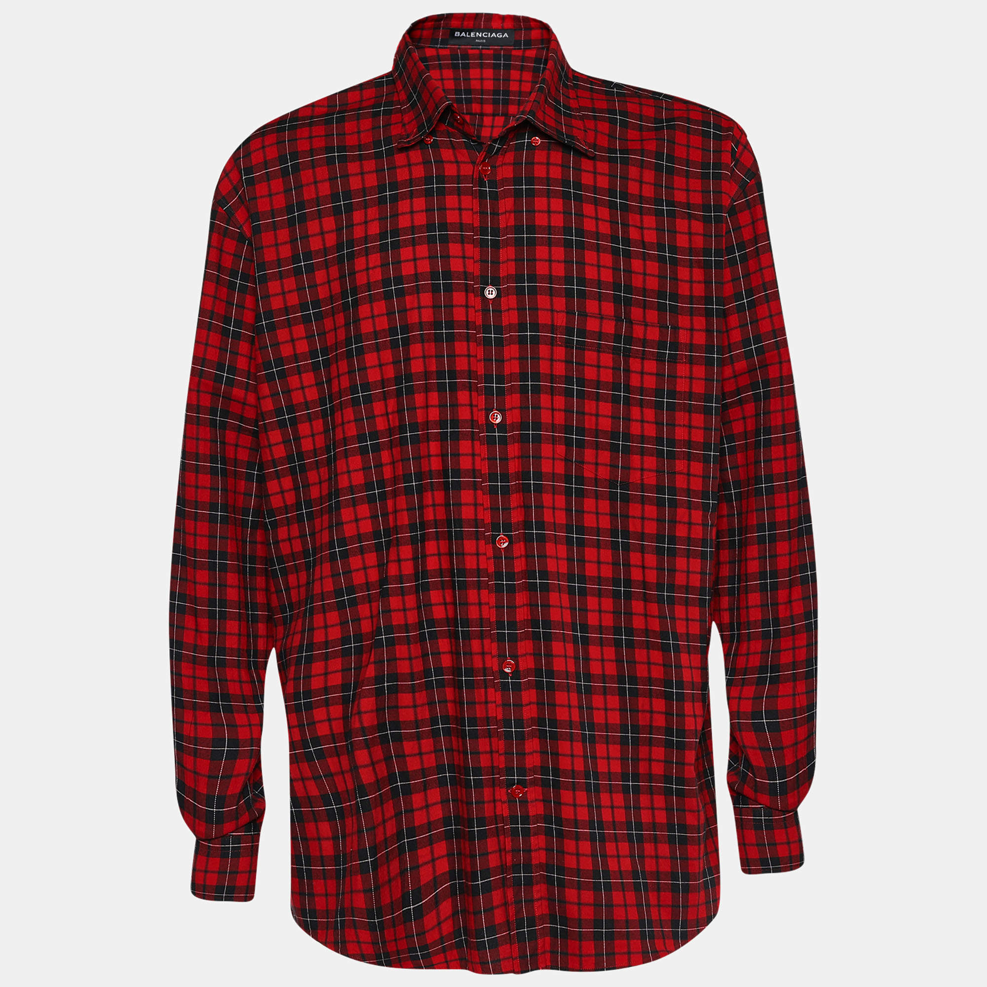 مملوكة مسبقًا Balenciaga Red Checked Cotton Logo Print Oversized Shirt L