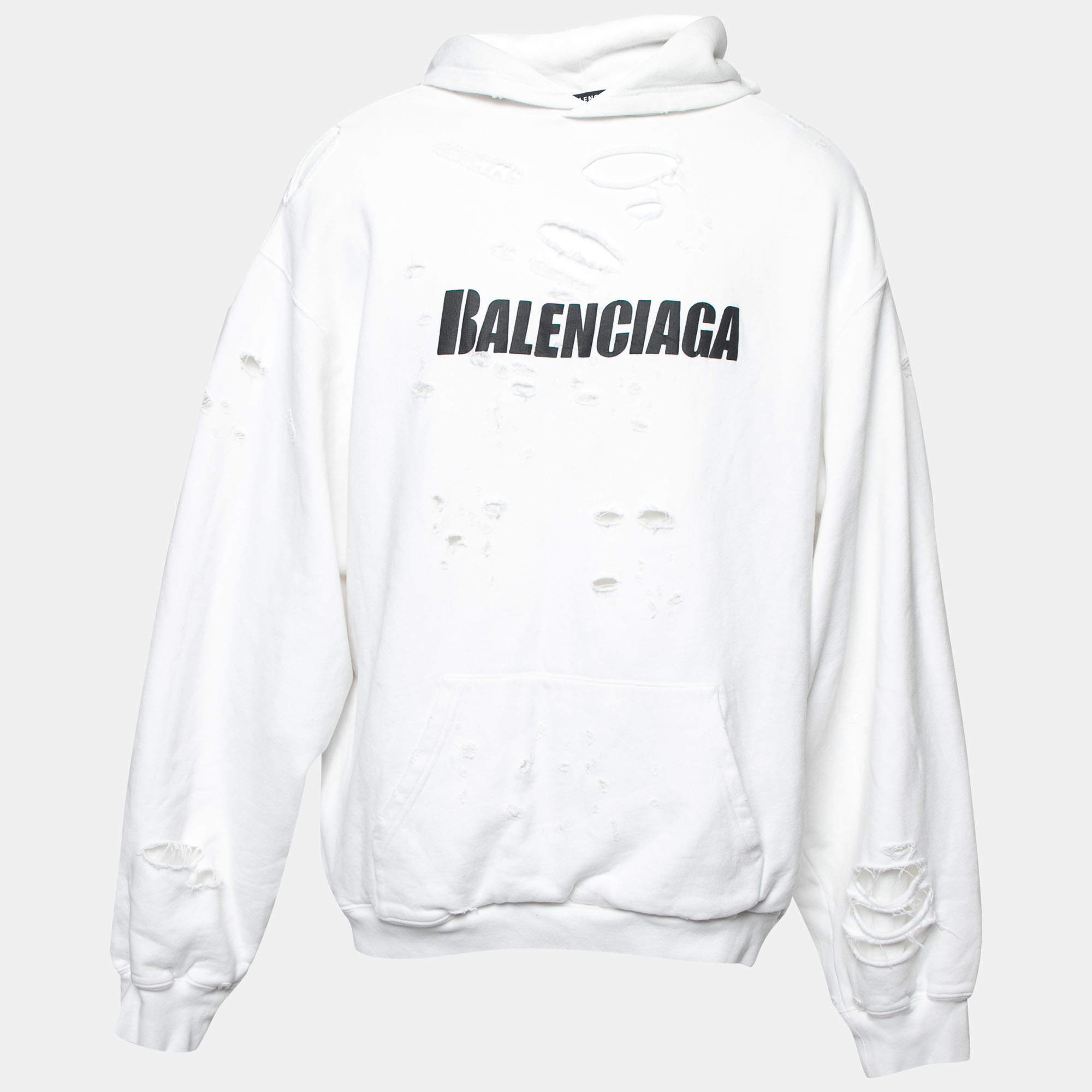 Balenciaga White Logo Distressed Cotton Sweatshirt Hoodie M