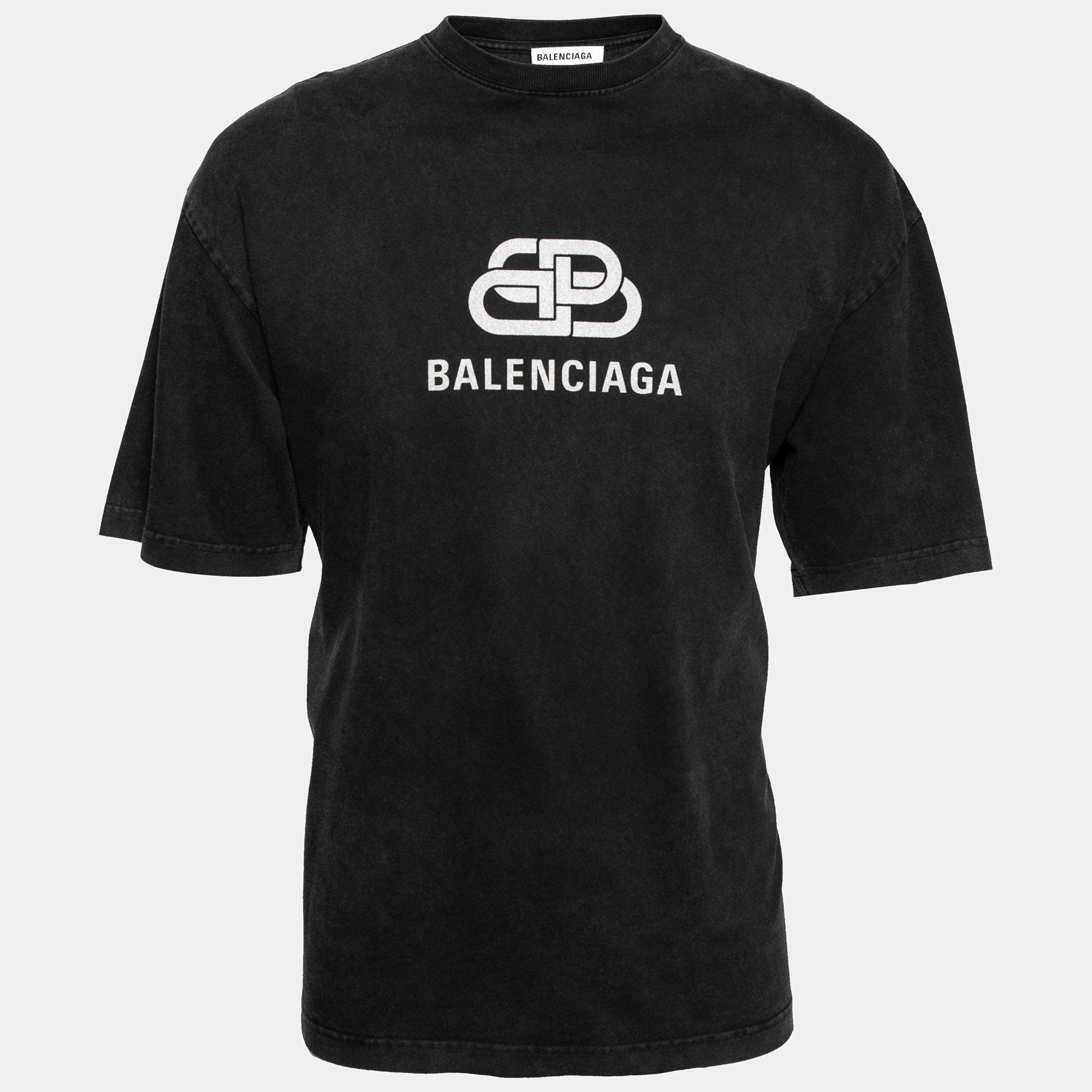 Pre Owned Balenciaga Black Logo Printed Cotton Oversized Short Sleeve T-Shirt S