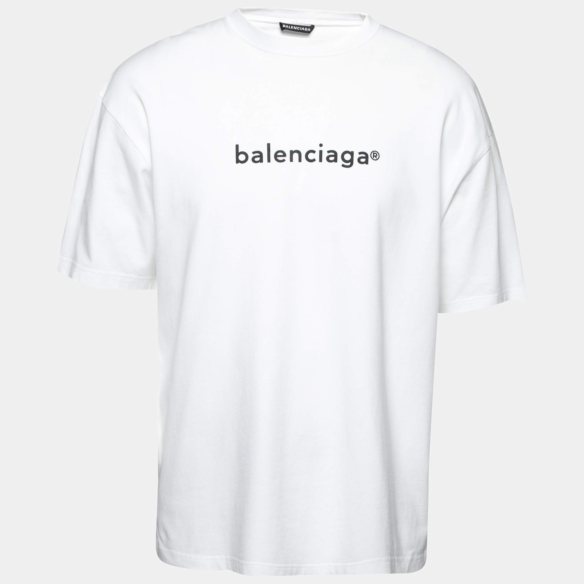 Pre Owned Balenciaga White Cotton Logo Printed Short Sleeve T-Shirt M