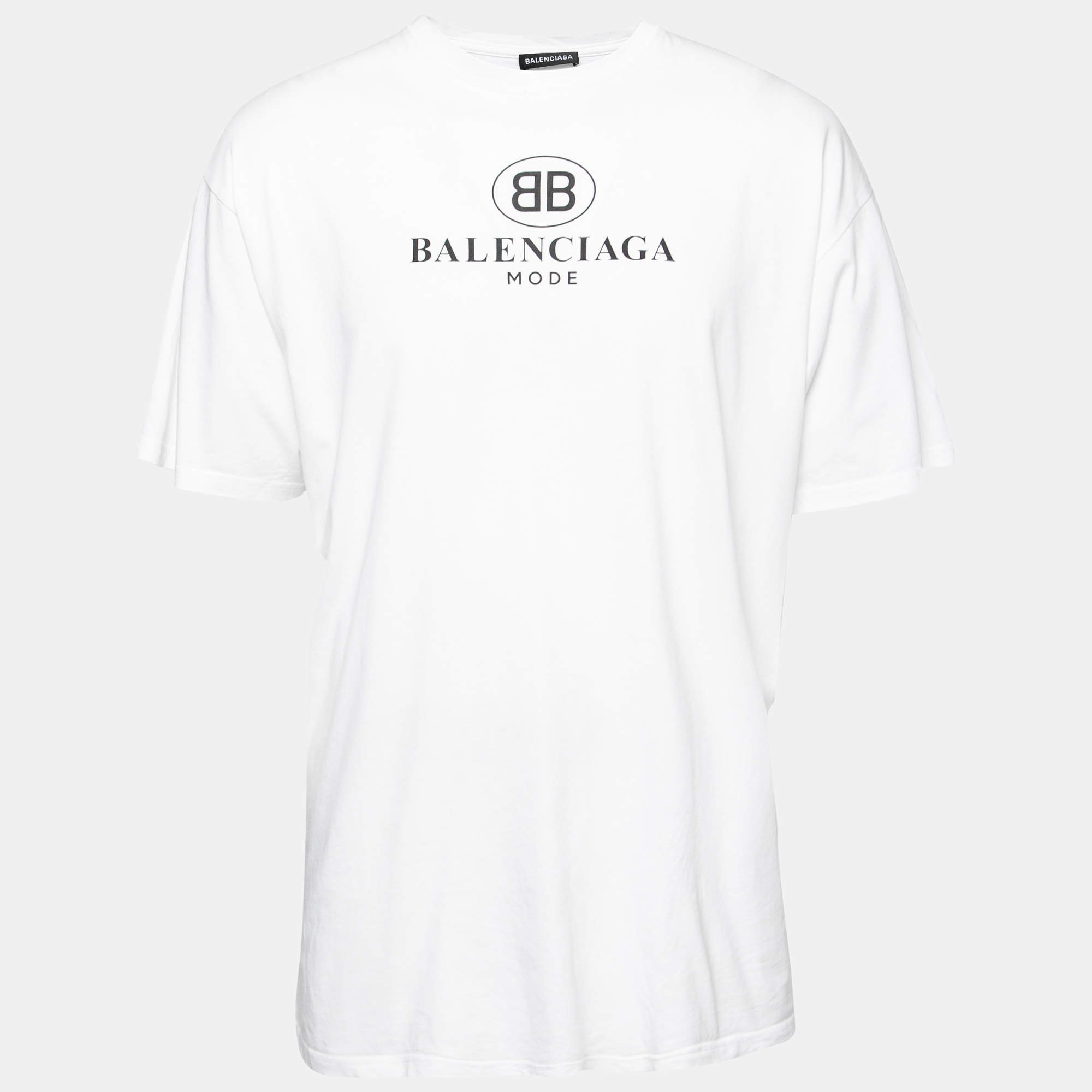 مملوكة مسبقًا Balenciaga White BB Mode Print Cotton Crew Neck T-Shirt L