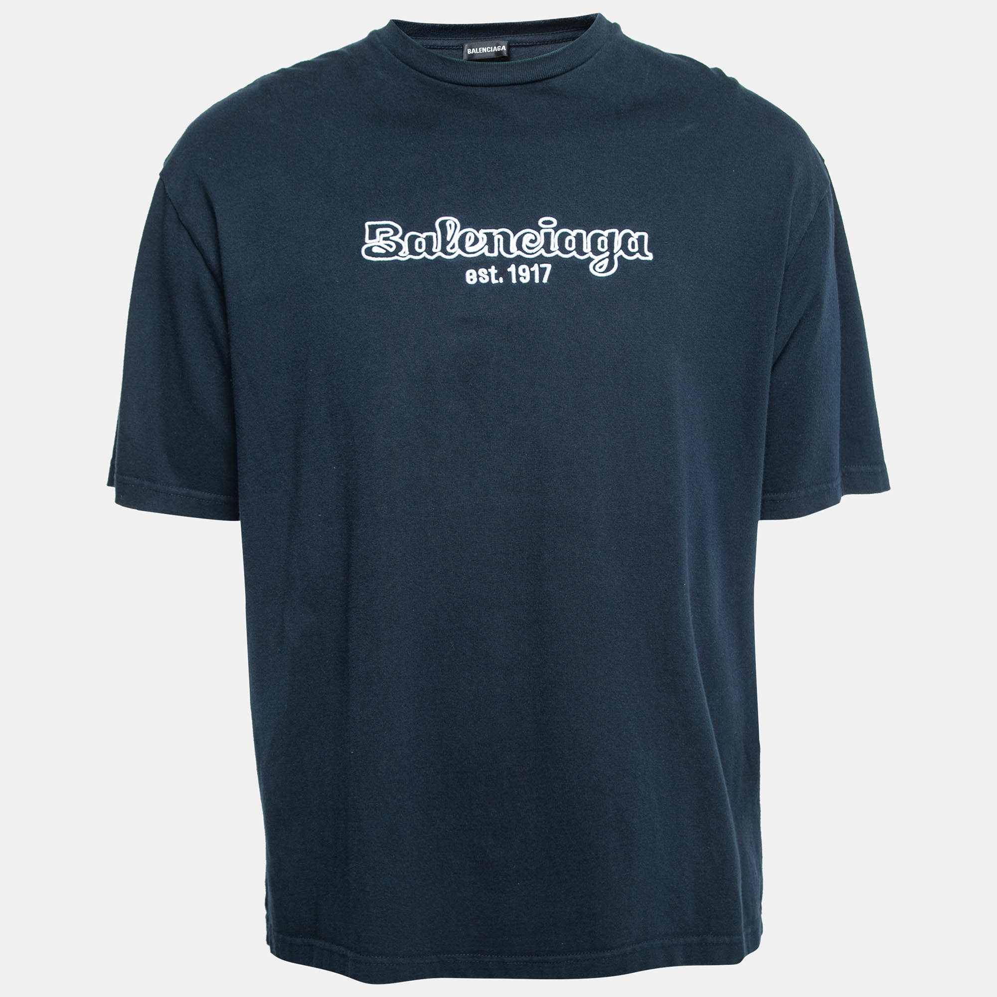 Pre Owned Balenciaga Navy Blue Logo Embroidered Cotton T-Shirt S