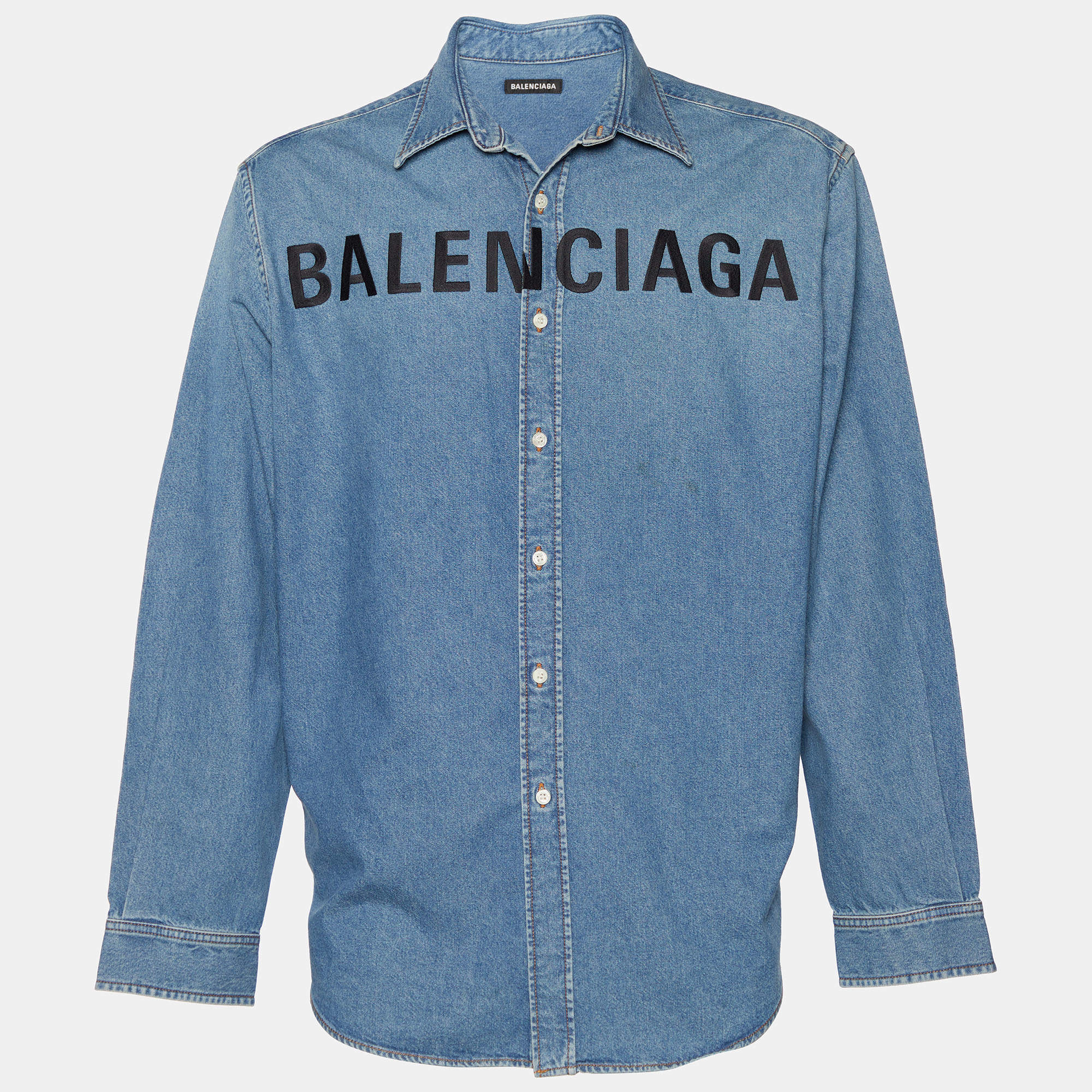 Pre Owned Balenciaga Blue Denim Logo Embroidered Oversized Shirt M