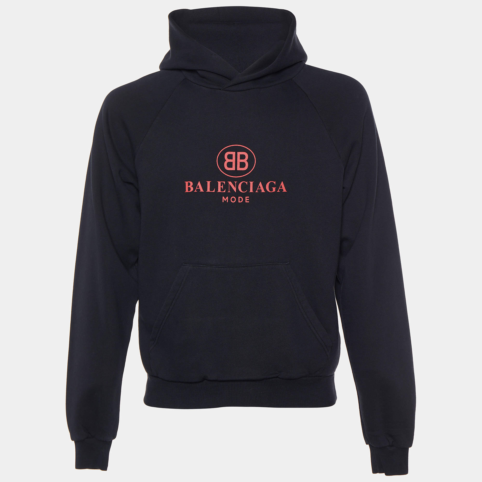 Pre Owned Balenciaga Black Logo Printed Cotton Knit Hoodie S