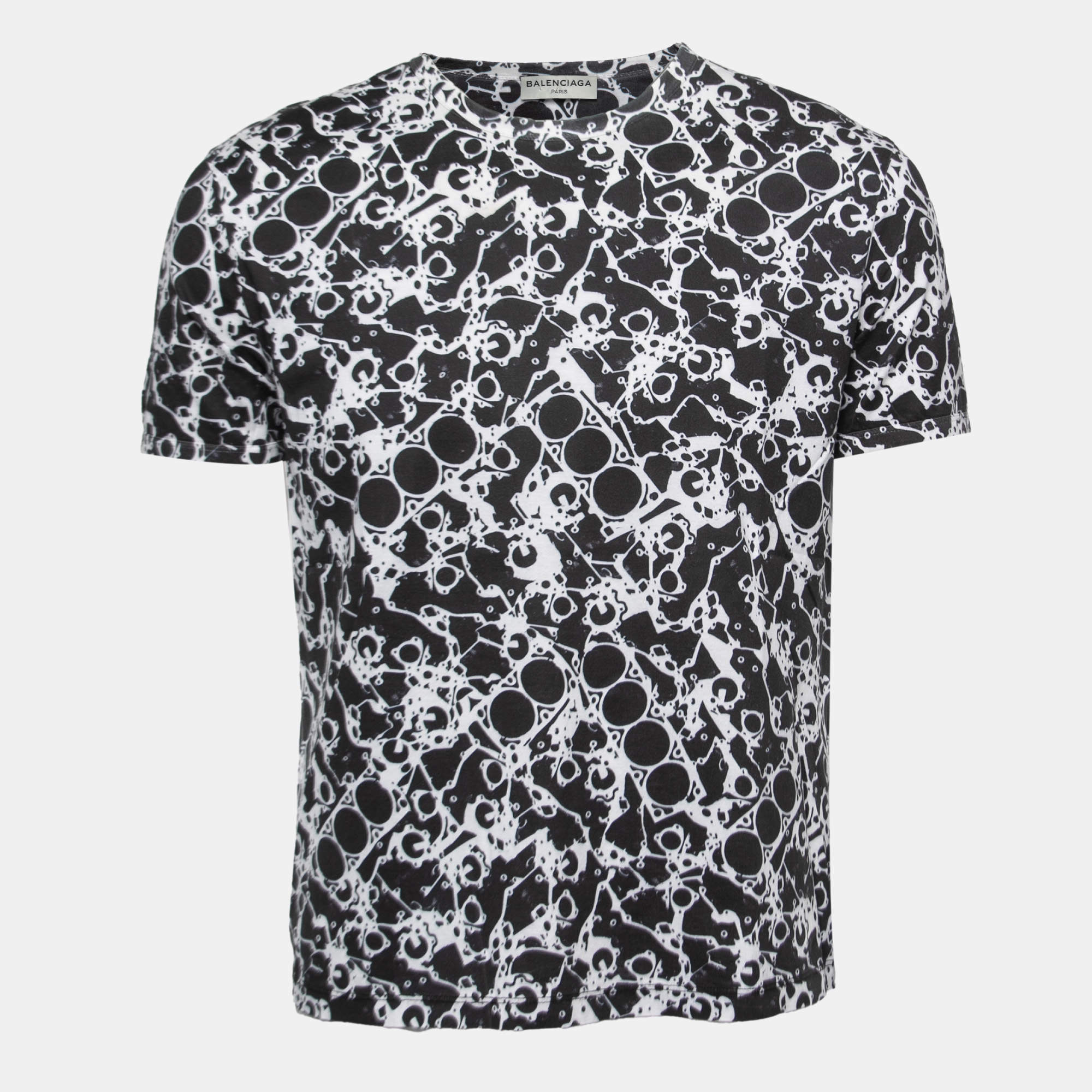 Pre Owned Balenciaga Monochrome Abstract Print Cotton Crewneck T-Shirt M
