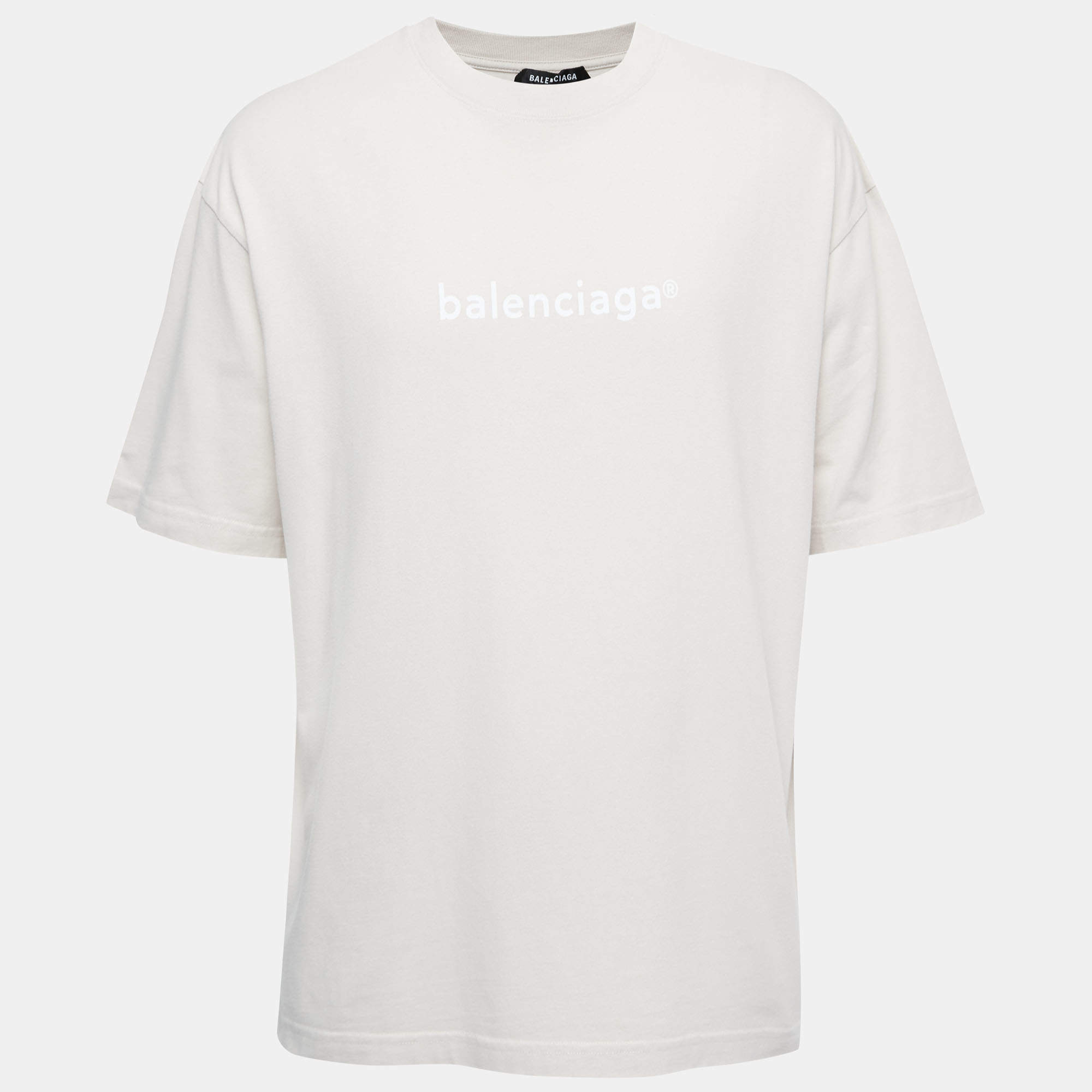 Pre Owned Balenciaga Beige Logo Print Cotton Crew Neck Half Sleeve T-Shirt XL